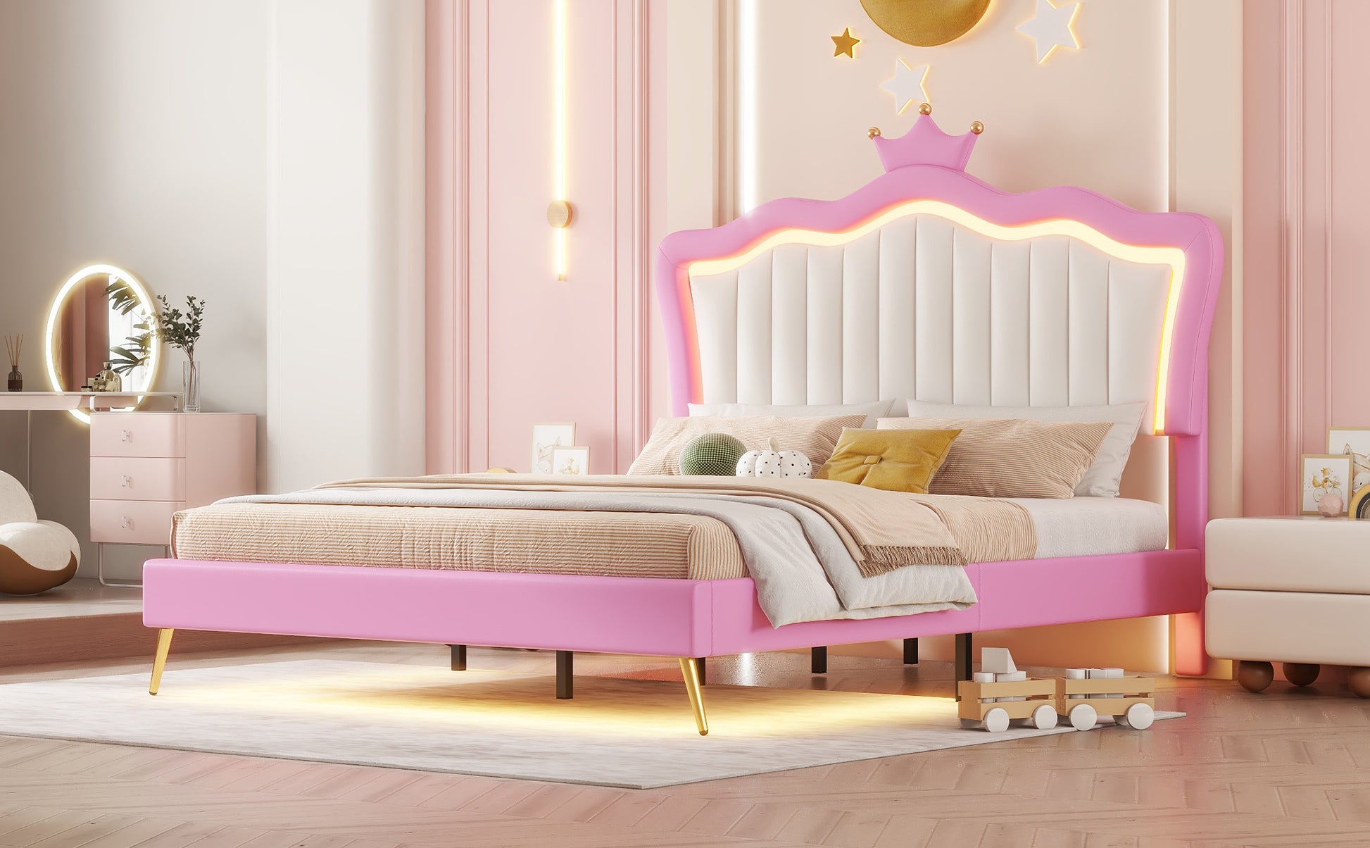 Full Size Upholstered Bed Frame With Led Lights, Modern Upholstered Princess Bed With Crown Headboard, Pink White Box Spring Not Required Full Pink White Wood Bedroom Modern Bed Frame Pu