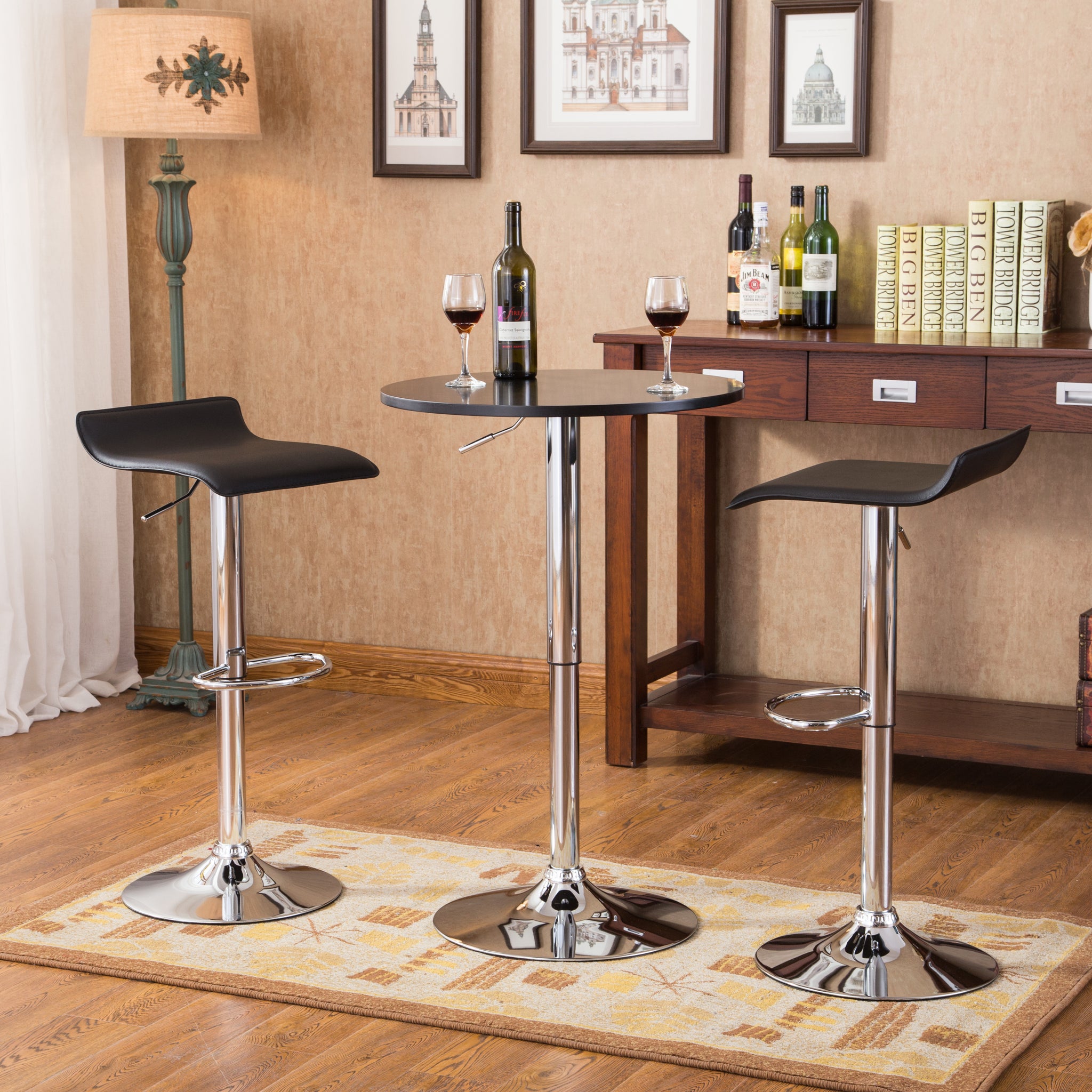 Baxton Black Adjustable Height Wood And Chrome Metal Bar Table And 2 Black Chrome Air Lift Adjustable Swivel Stools Set Black Metal