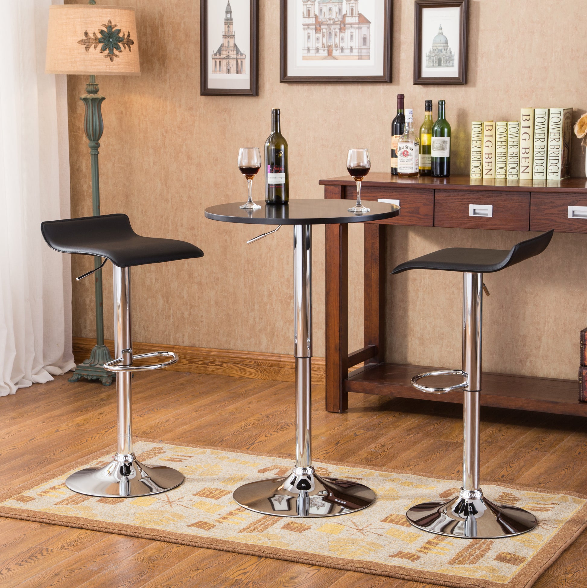Baxton Black Adjustable Height Wood And Chrome Metal Bar Table And 2 Black Chrome Air Lift Adjustable Swivel Stools Set Black Metal