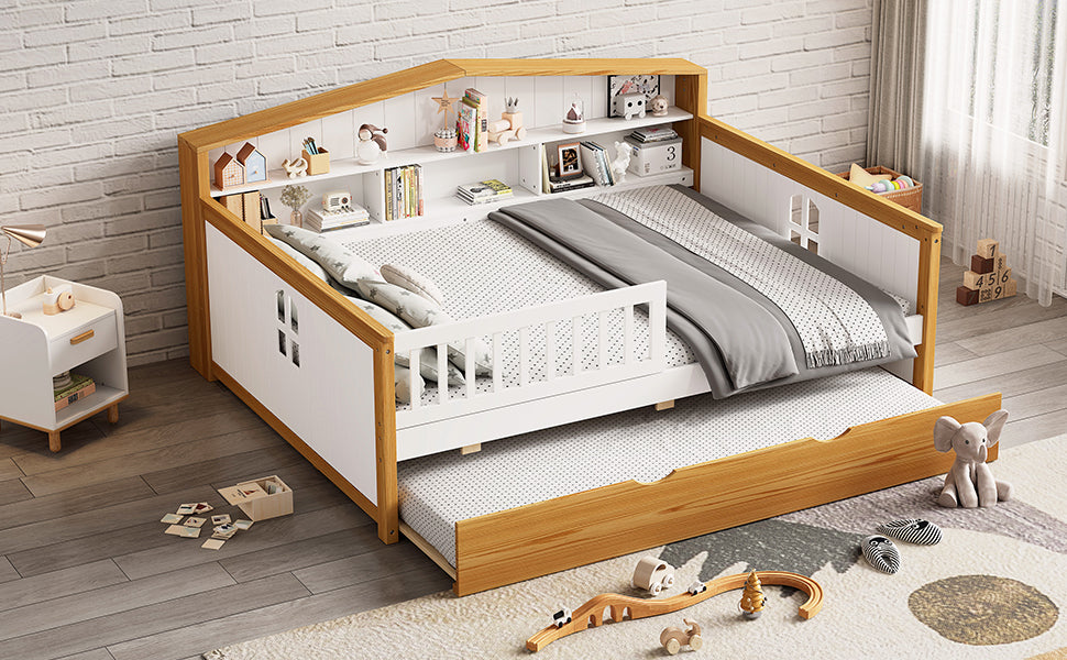 Full Size House Shape Daybed With Trundle And Bookcase Headboard Wooden Bed For Girls Boys Teens, No Box Spring Needed, Walnut And White Box Spring Not Required Full White Walnut Wood Bedroom Cute Pine Bed Frame Wood