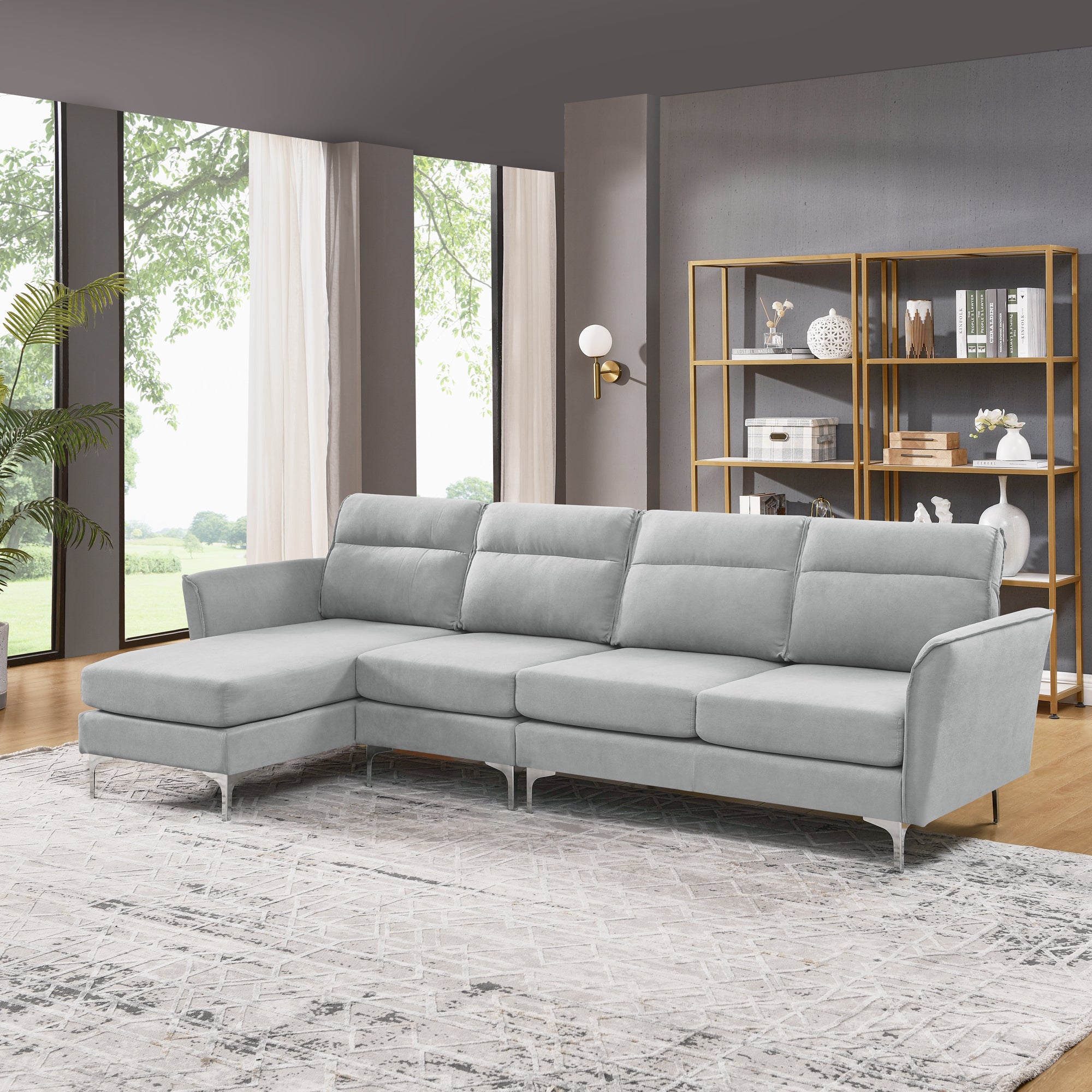 Modern Sofa 3 Seat Couch With Stainless Steel Trim And Metal Legs For Living Room,Gray Gray Foam 3 Seat