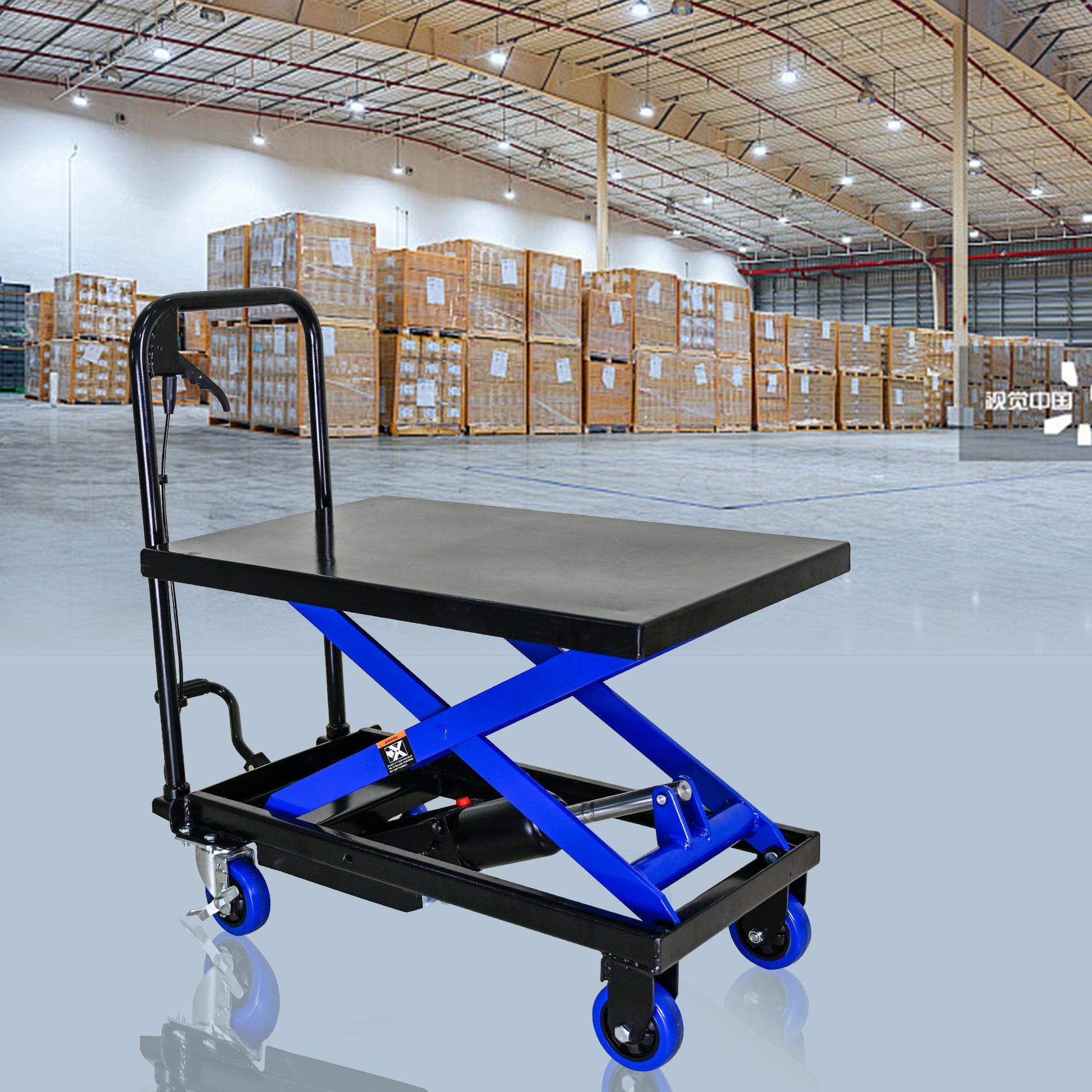 Hydraulic Lift Trolley, 500 Lbs Capacity, With 4 Wheels, For Material Handling And Transportation, Black Blue Black Blue Steel
