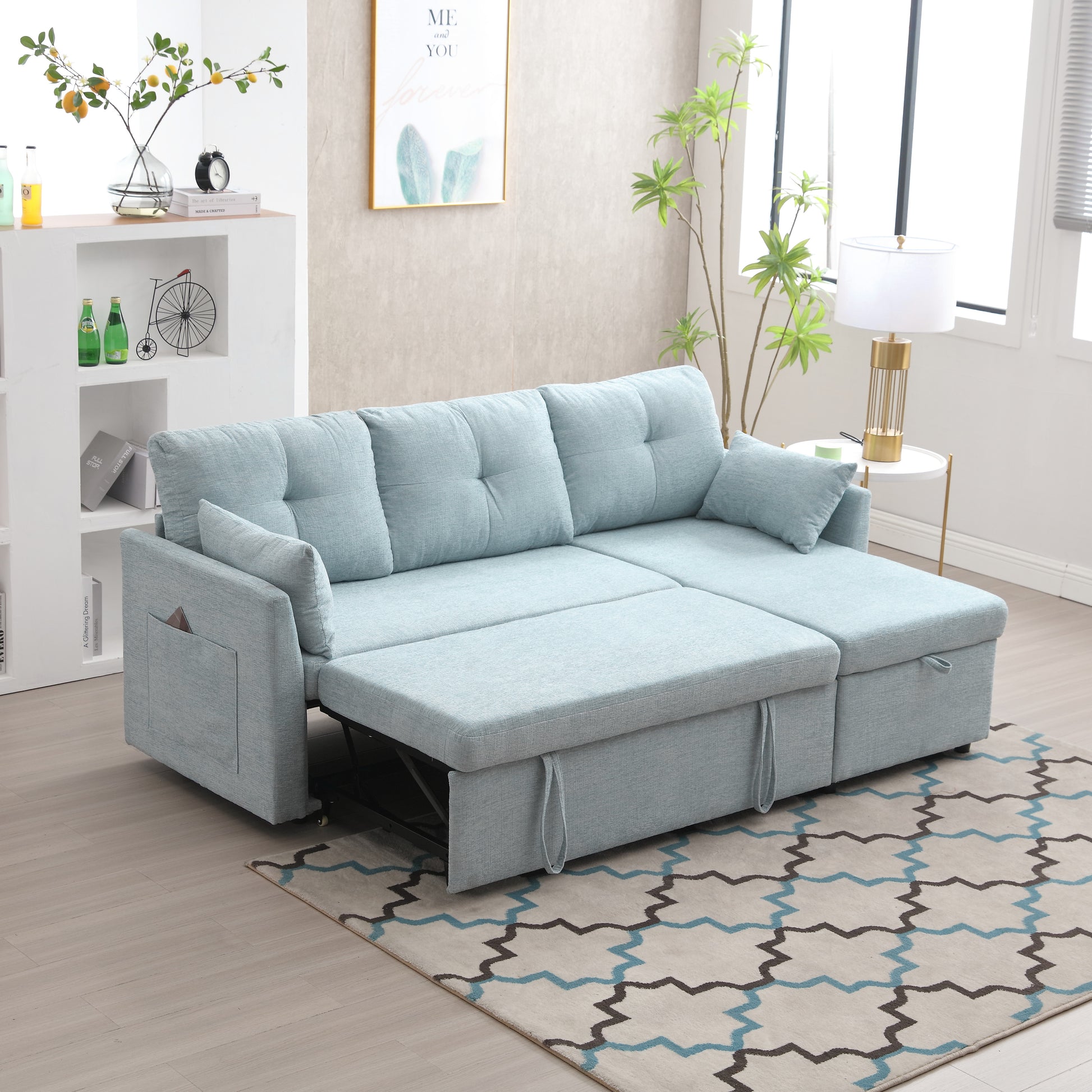 United We Win Furniture, Modular L Shaped Sofa, Modular Long Sofa With Reversible Chaise Lounge, Sofa Bed, Sleeper Sofa, Modular Sofa Combination With Storage Seats. Mint Green Chenille 3 Seat