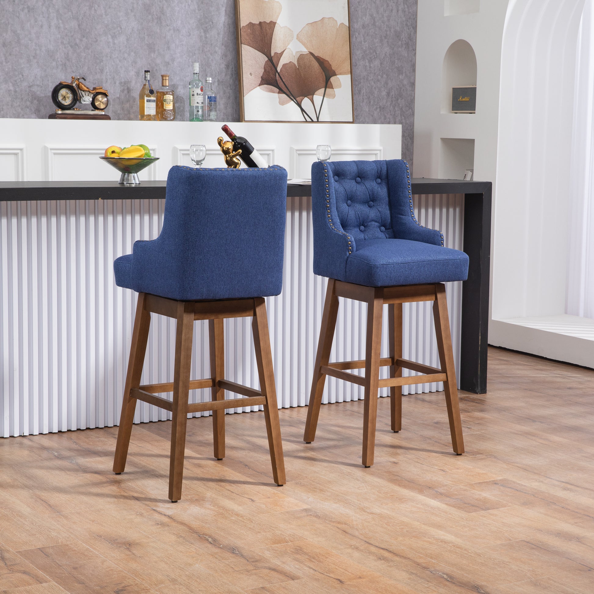 Coolmore Bar Stools Set Of 2 Counter Height Chairs With Footrest For Kitchen, Dining Room And 360 Degree Solid Wood Legs Swivel Bar Stools Set Of 2 Navy Linen Navy Foam Linen