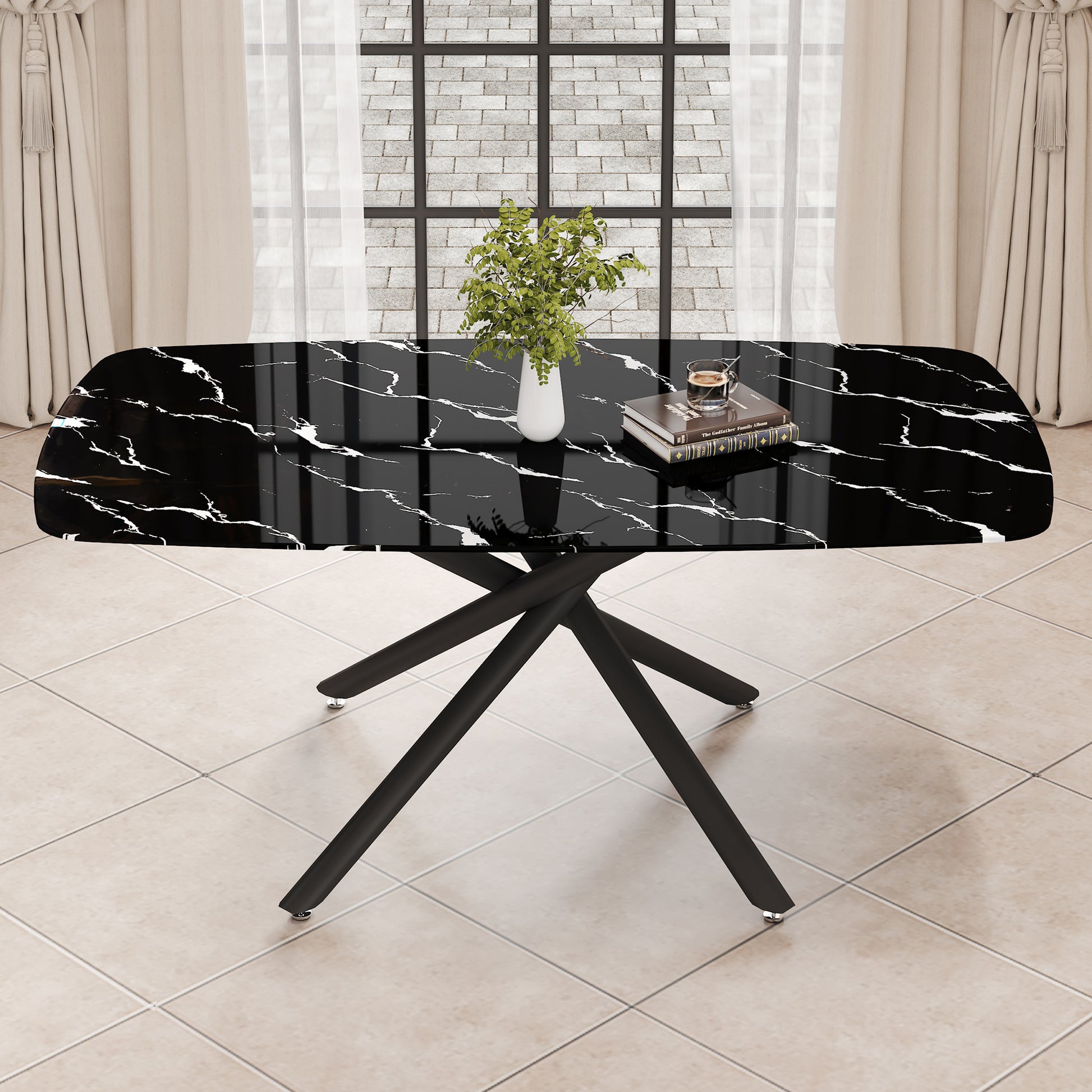 Large Modern Minimalist Rectangular Dining Table With 0.39 "Imitation Marble Black Tabletop And Black Metal Legs, Suitable For Kitchen, Dining Room, Living Room, Conference Room, And Banquet Hall 1537 Black Glass Metal