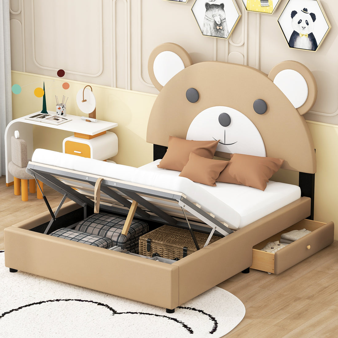 Full Size Upholstery Platform Bed Frame With Cute Bear Shaped Headboard And Two Storage Drawers,Brown Full Brown Solid Wood Mdf