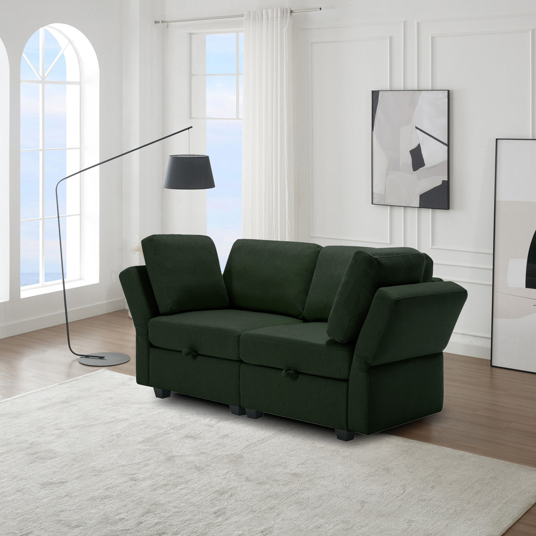 Contemporary Modern Chic Upholstered Fabric Sofa With Storage Seats And Storage Ottomans, 2 Seater Sofa Fabric Couch With Adjustable Arms And Backs For Living Room Green Green Polyester 2 Seat