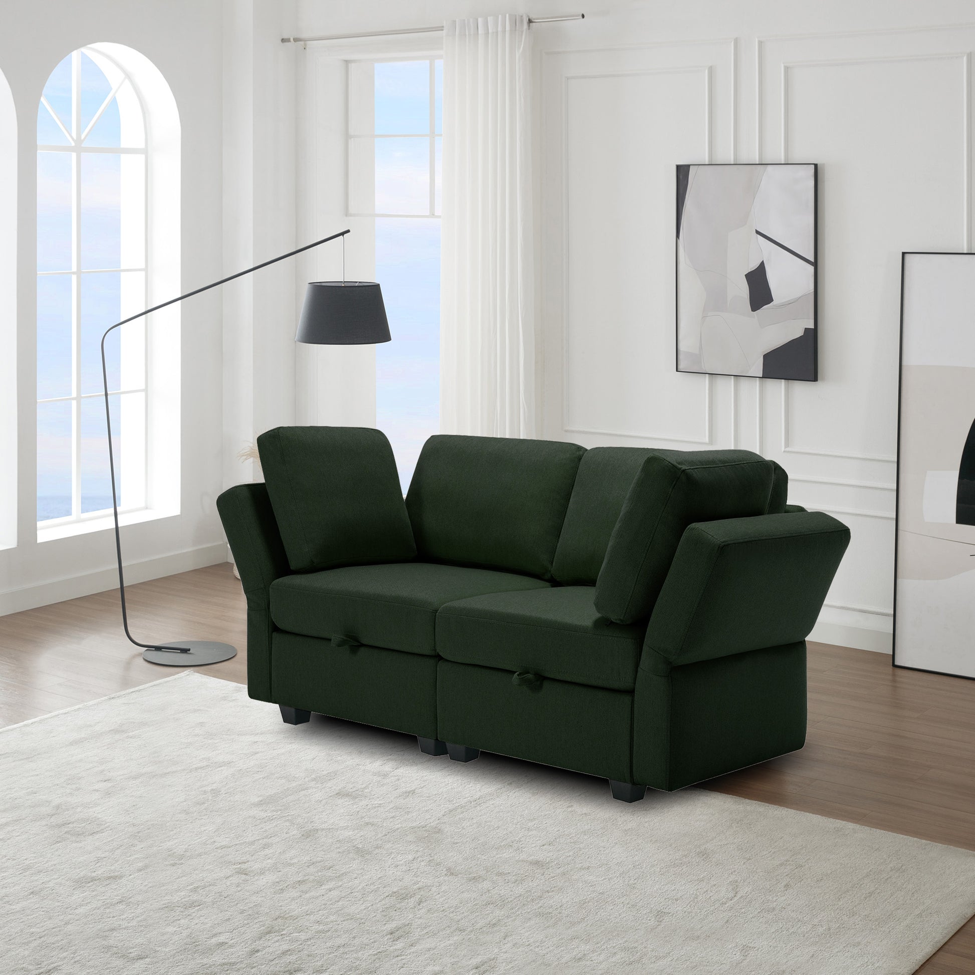 Contemporary Modern Chic Upholstered Fabric Sofa With Storage Seats And Storage Ottomans, 2 Seater Sofa Fabric Couch With Adjustable Arms And Backs For Living Room Green Green Polyester 2 Seat