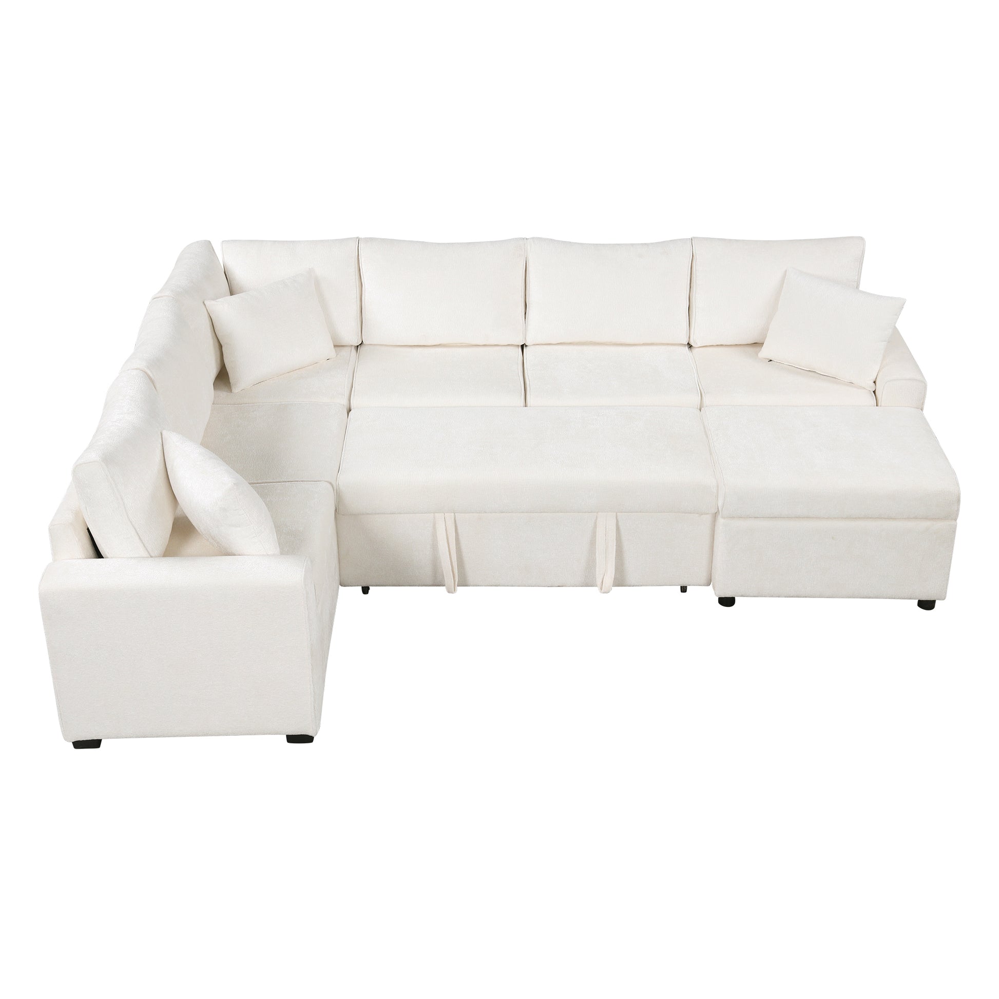 112.2" Sectional Sofa Pull Out Sofa Bed Sleeper With A Storage Ottoman,Three Pillows And Charging Devices For Living Room, Cream Cream Foam Chenille 6 Seat