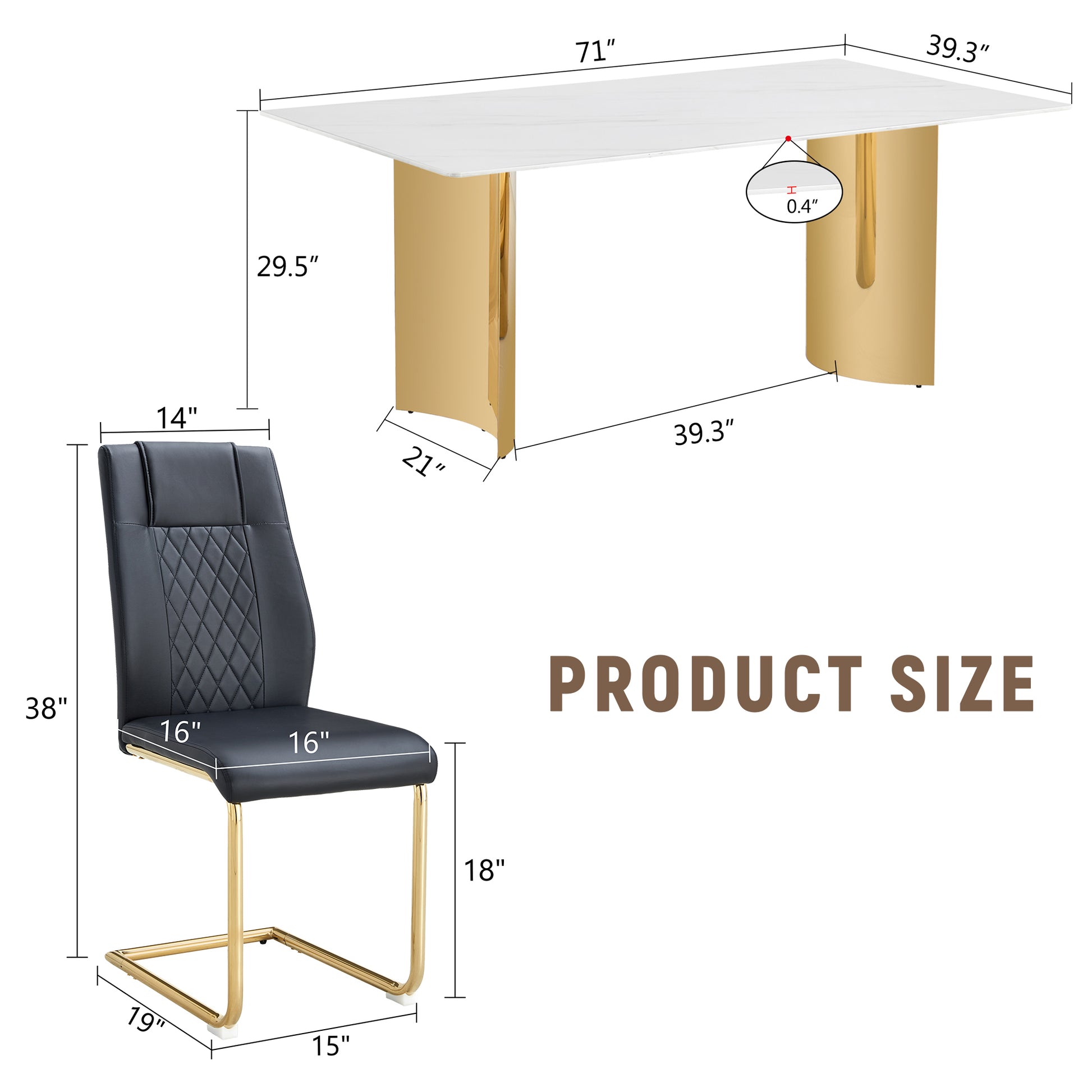 Table And Chair Set.The Table Has A Glass Tabletop With Imitation Marble Pattern Stickers And Stainless Steel Golden Table Legs. Paried With Comfortable Chairs With Pu Seats And Metal Legs. White Gold Seats 6 Glass Metal