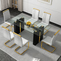 Table And Chair Set, Large Modern Minimalist Rectangular Glass Table, Can Accommodate 6 8 People, Equipped With Tempered Glass Tabletop And Large Mdf Table Legs, Comfortable And Minimalist Chairs. Transparent Mdf Glass