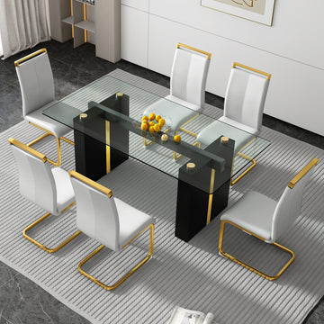 Table And Chair Set, Large Modern Minimalist Rectangular Glass Table, Can Accommodate 6 8 People, Equipped With Tempered Glass Tabletop And Large Mdf Table Legs, Comfortable And Minimalist Chairs. Transparent Mdf Glass