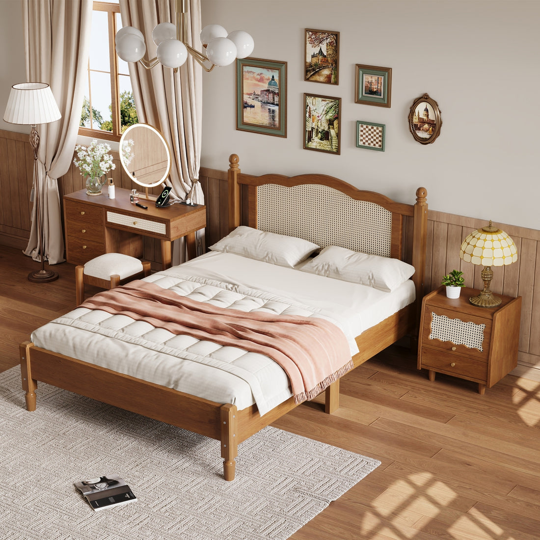 3 Pieces Bedroom Set With Full Size Wooden Bed Frame, 1 Vintage Nightstand And 1 Makeup Vanity Set With Stool,Walnut Full Walnut 3 Piece Set Wood