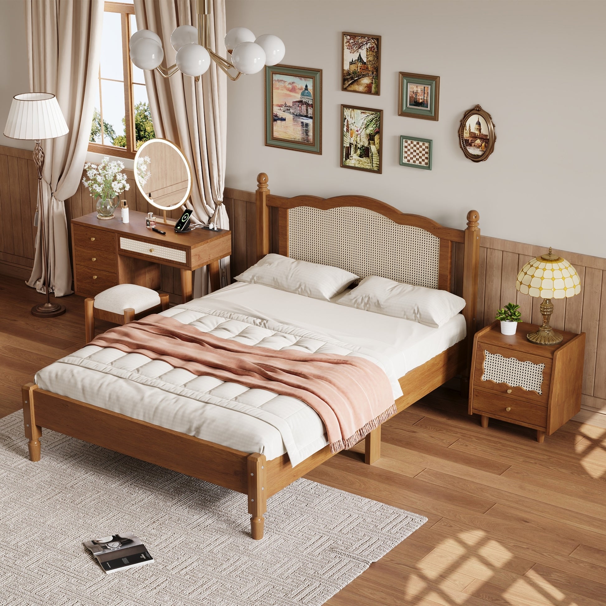 3 Pieces Bedroom Set With Full Size Wooden Bed Frame, 1 Vintage Nightstand And 1 Makeup Vanity Set With Stool,Walnut Full Walnut 3 Piece Set Wood