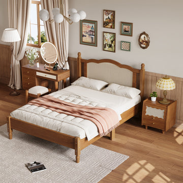 3 Pieces Bedroom Set With Full Size Wooden Bed Frame, 1 Vintage Nightstand And 1 Makeup Vanity Set With Stool,Walnut Full Walnut 3 Piece Set Wood