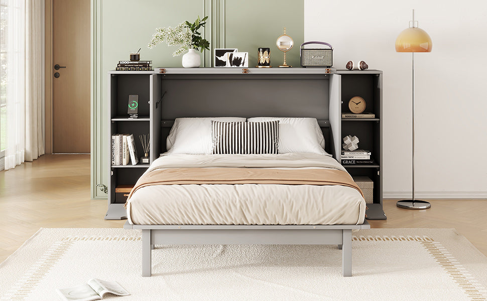 Full Size Murphy Bed With Shelves, Drawers And Usb Ports,Gray Gray Mdf Lvl