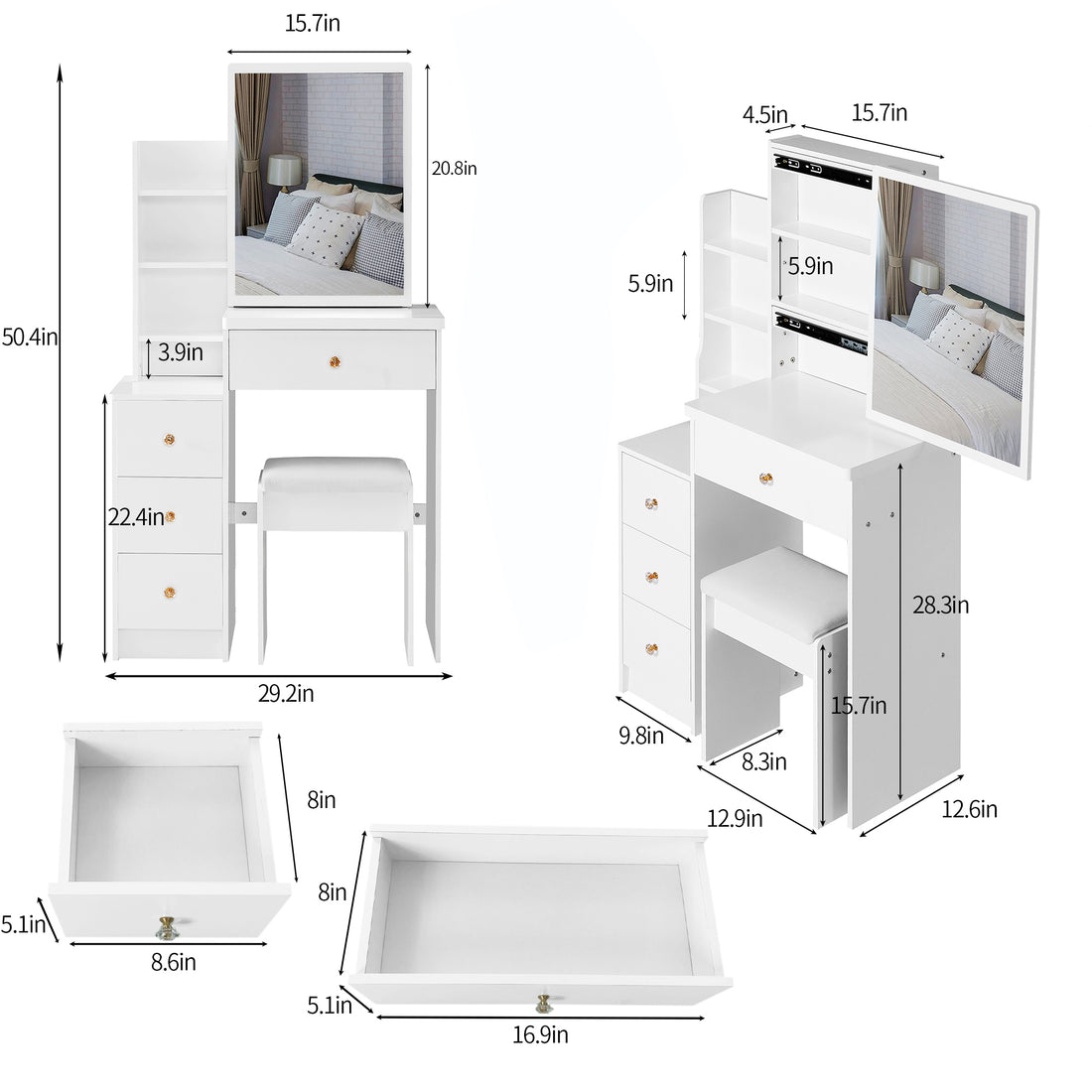 Small Space Left Bedside Cabinet Vanity Table Cushioned Stool, Extra Large Right Sliding Mirror, Multi Layer High Capacity Storage, Practical Fashionable Dresser, Suitable For Girls Up To 5.6Ft Tall