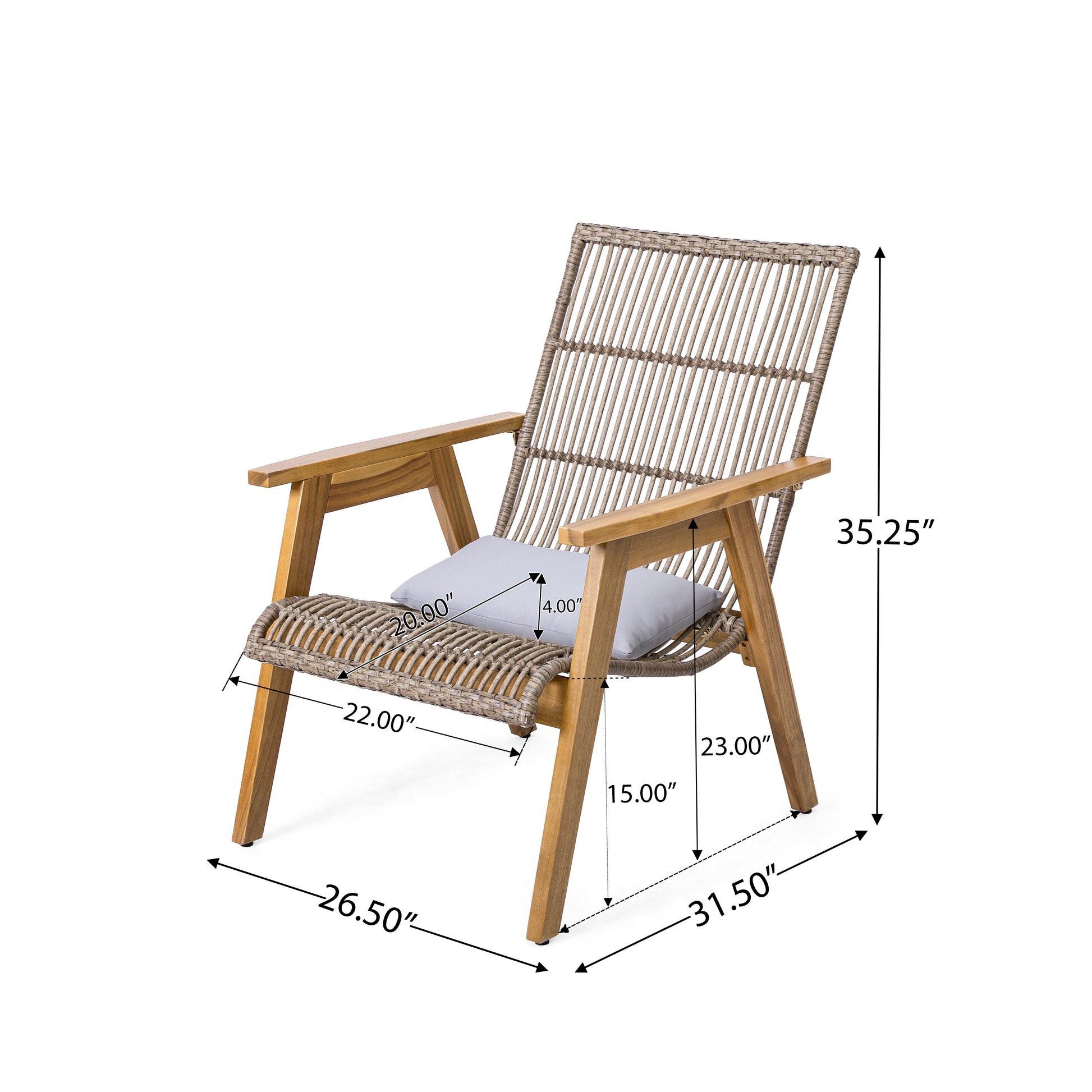 Set Of 2, Acacia Wood Cape Woven Wicker Large Lounge Chair With Pillow For Patio, Deck, Yard, Lawn And Garden Seating, Teak Finish Natural Wicker Light Grey Fabric Teak 2 Person Seating Group Acacia Wood