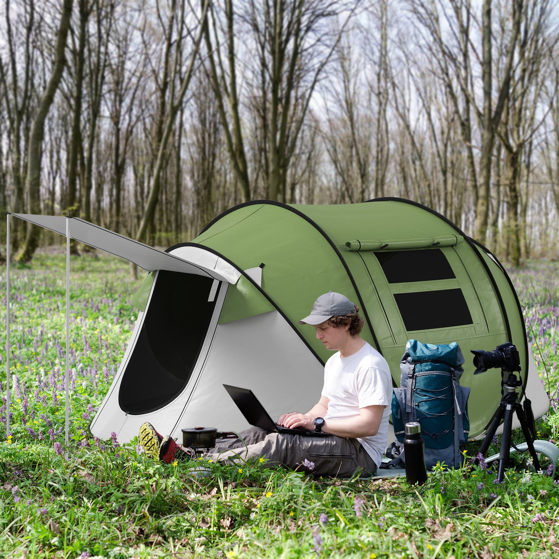 Outsunny Pop Up Tent, Instant Camping Tent With Porch And Carry Bag, 3000Mm Waterproof, For 2 3 People, Green, Poles Included Green Polyester