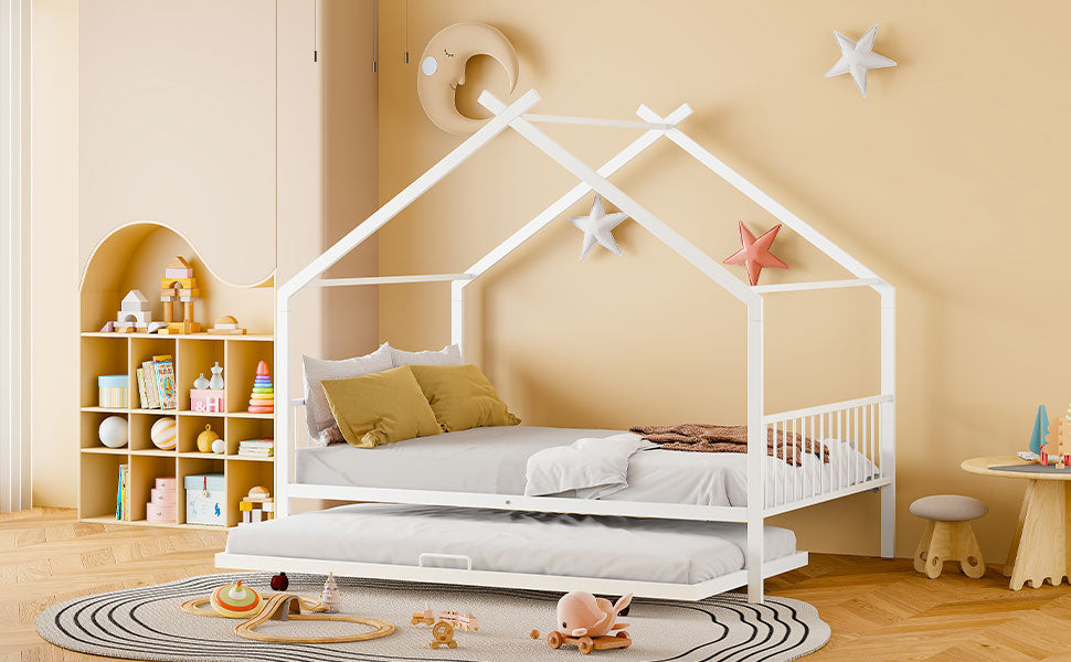 Full Size Metal House Bed With Twin Size Trundle, White Full White Metal