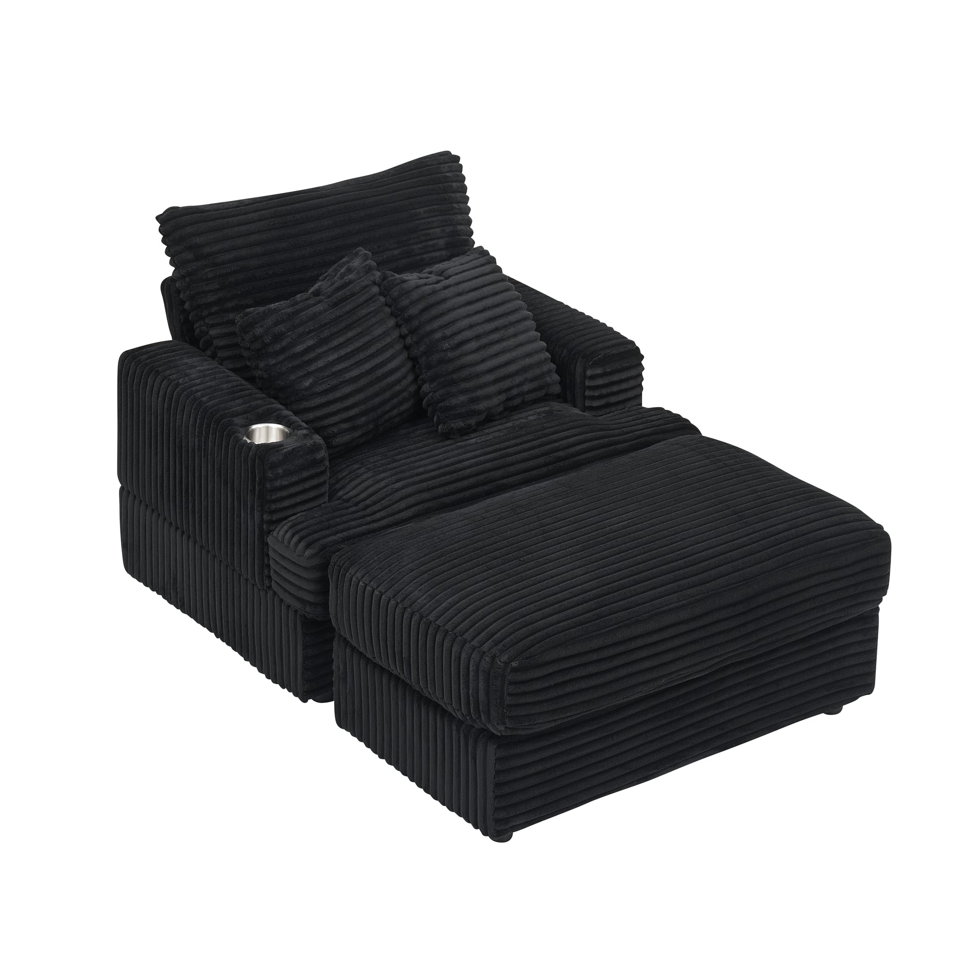 39 Inch Spring Upholstered Armchair And Ottoman Set Comfortable Single Sofa With Cup Holder And Corduroy Fabric, Perfect For Living Room Or Bedroom Black Corduroy 1 Seat