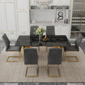 Table And Chair Set.The Table Has A Glass Tabletop With Imitation Marble Pattern Stickers And Stainless Steel Golden Table Legs. Paried With Comfortable Chairs With Pu Seats And Metal Legs. Gold Black Seats 6 Glass Metal