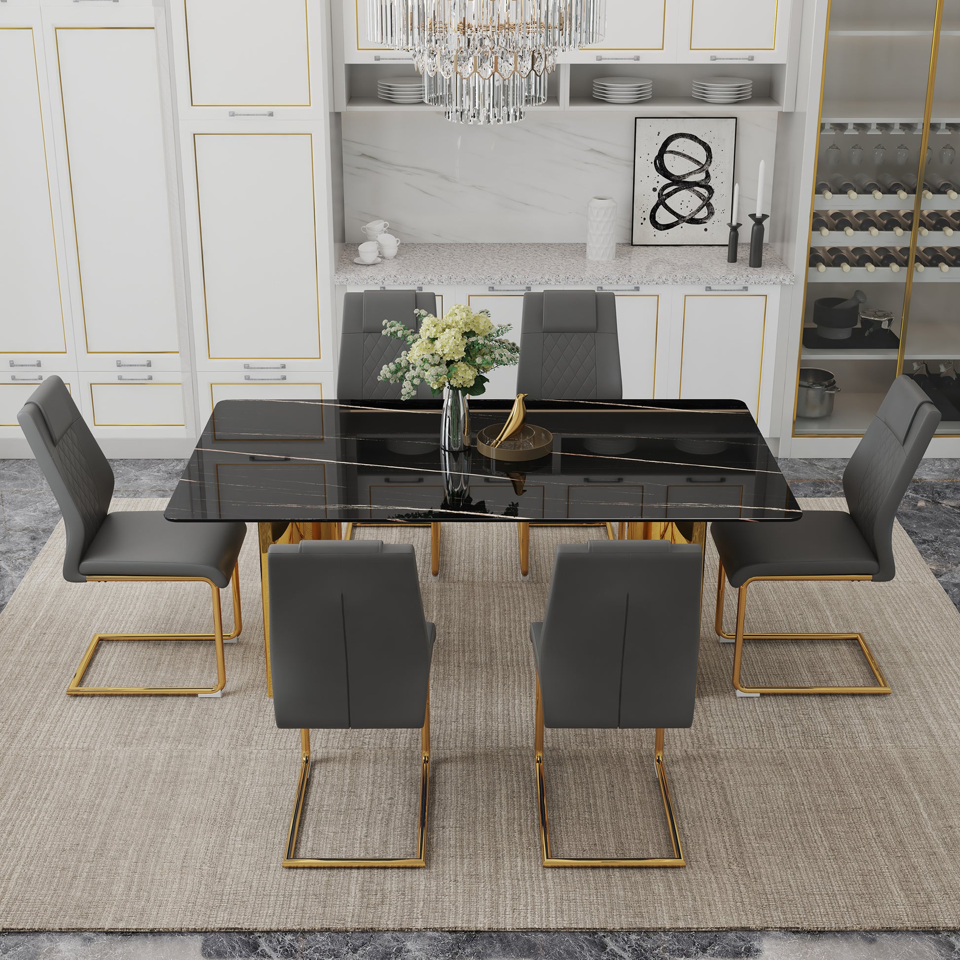 Table And Chair Set.The Table Has A Glass Tabletop With Imitation Marble Pattern Stickers And Stainless Steel Golden Table Legs. Paried With Comfortable Chairs With Pu Seats And Metal Legs. Gold Black Seats 6 Glass Metal