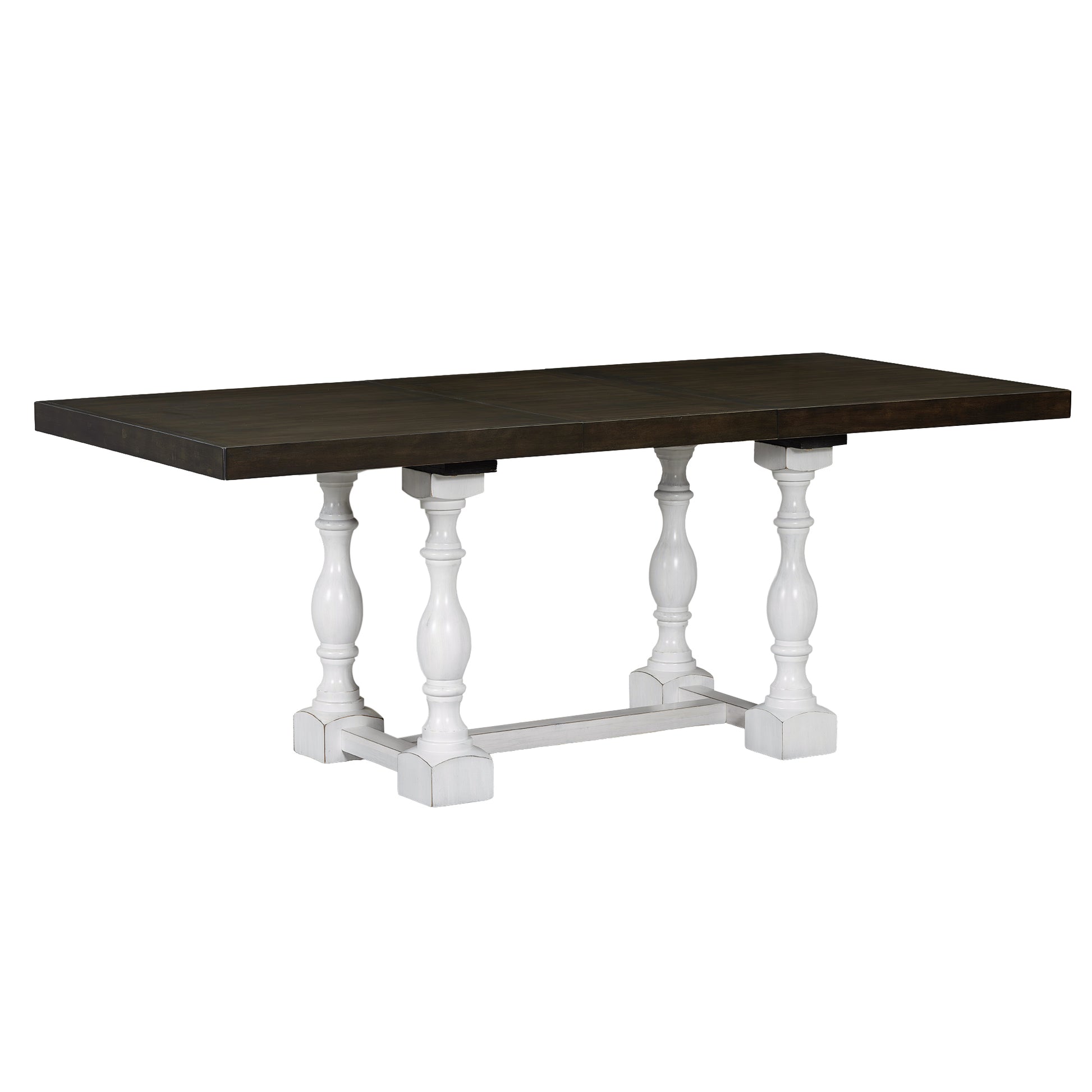 Traditional 6 Piece 78Inch Trestle Extendable Dining Table Set With One 18Inch Removable Leaf, Padded Dining Chairs And Bench,Distressed White Brown Wood Dining Room Solid Wood Rubberwood Rectangular Dining Table With Chair And Bench Upholstered Chair