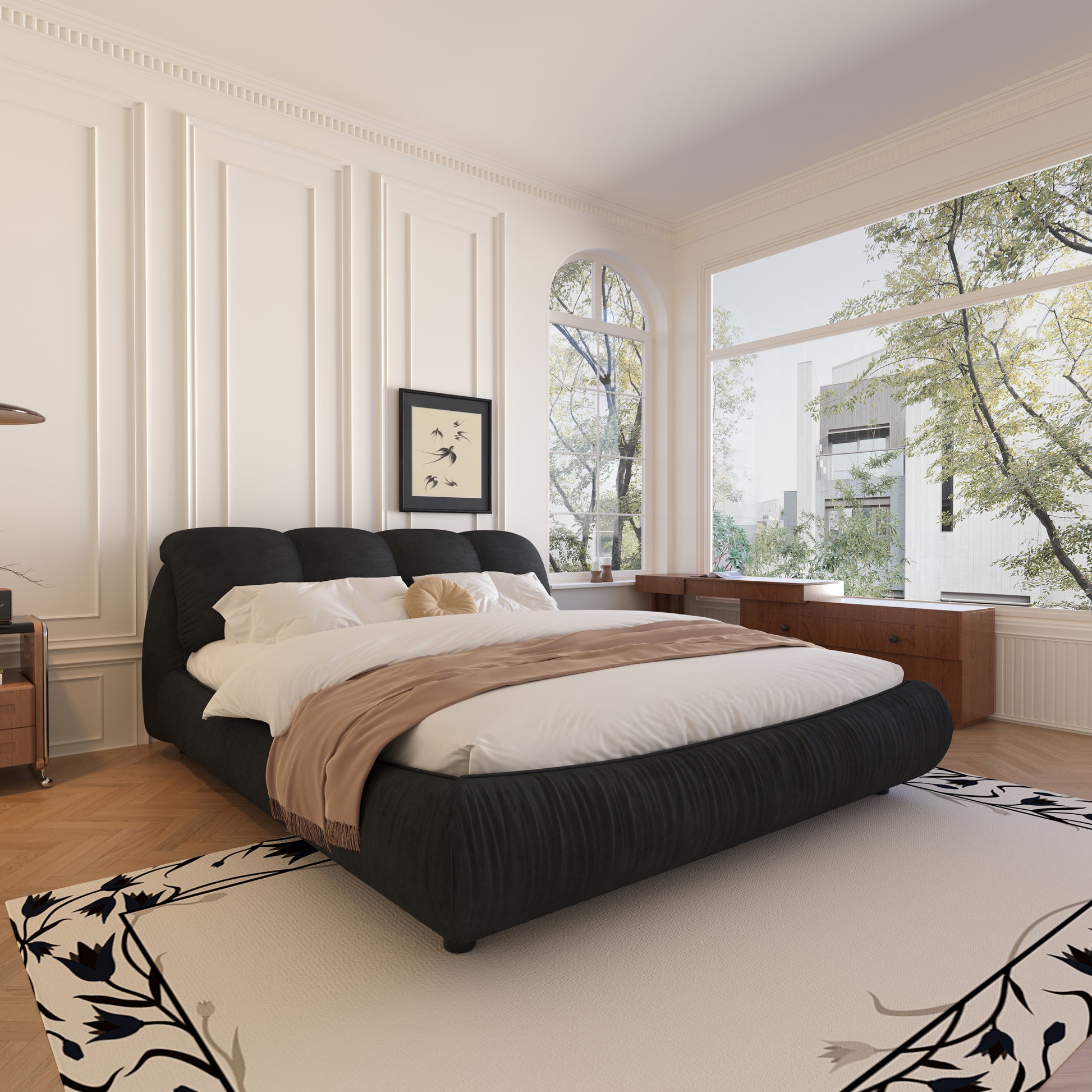 King Size Upholstered Platform Bed With Oversized Padded Backrest, Thickening Pinewooden Slats And Solid Wood Leg,Black Box Spring Not Required King Black Wood Pine Polyester Solid Wood