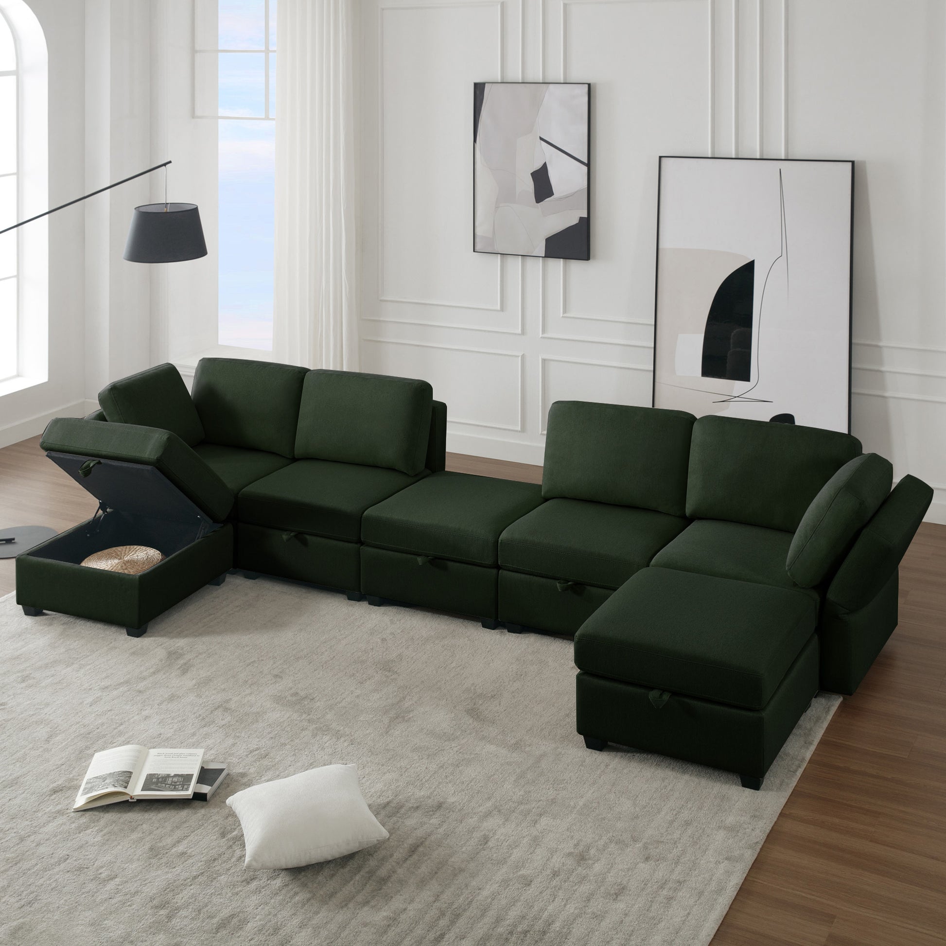 Modular Sectional Sofa U Shaped Sectional Couch With Ottoman, 7 Seat Modular Sofa With Chaise For Living Room, Adjustable Arms And Backs Green Green Polyester 4 Seat