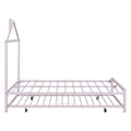 Full Size Metal Platform Bed With Twin Size Trundle,House Shaped Headboard Design, Pink Full Pink Metal