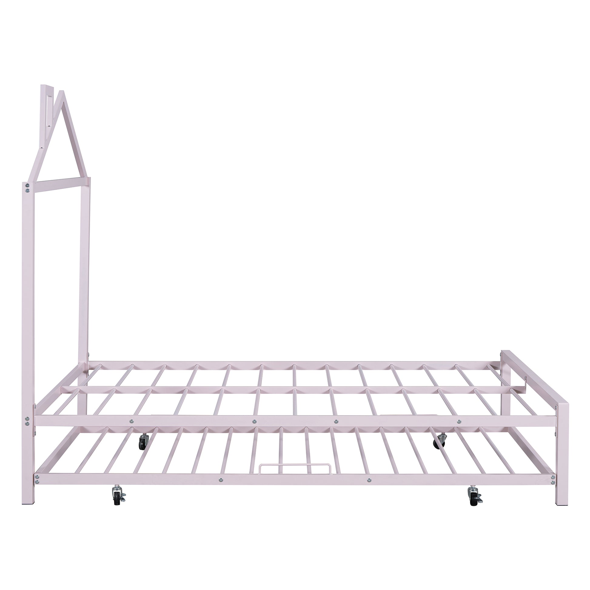Full Size Metal Platform Bed With Twin Size Trundle,House Shaped Headboard Design, Pink Full Pink Metal