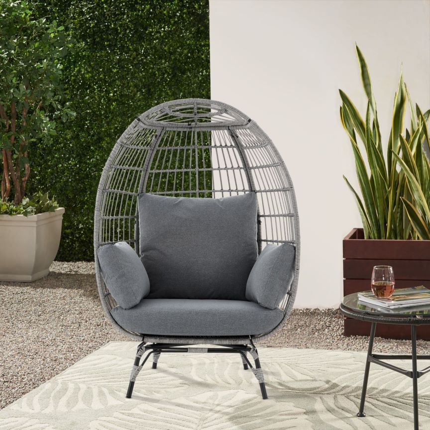 Large Outdoor Egg Chair, Indoor Patio Wicker Basket Chair With Cushion, Rattan Egg Chairs For Bedroom, Outside, Balcony,Grey Grey Pe Rattan Iron