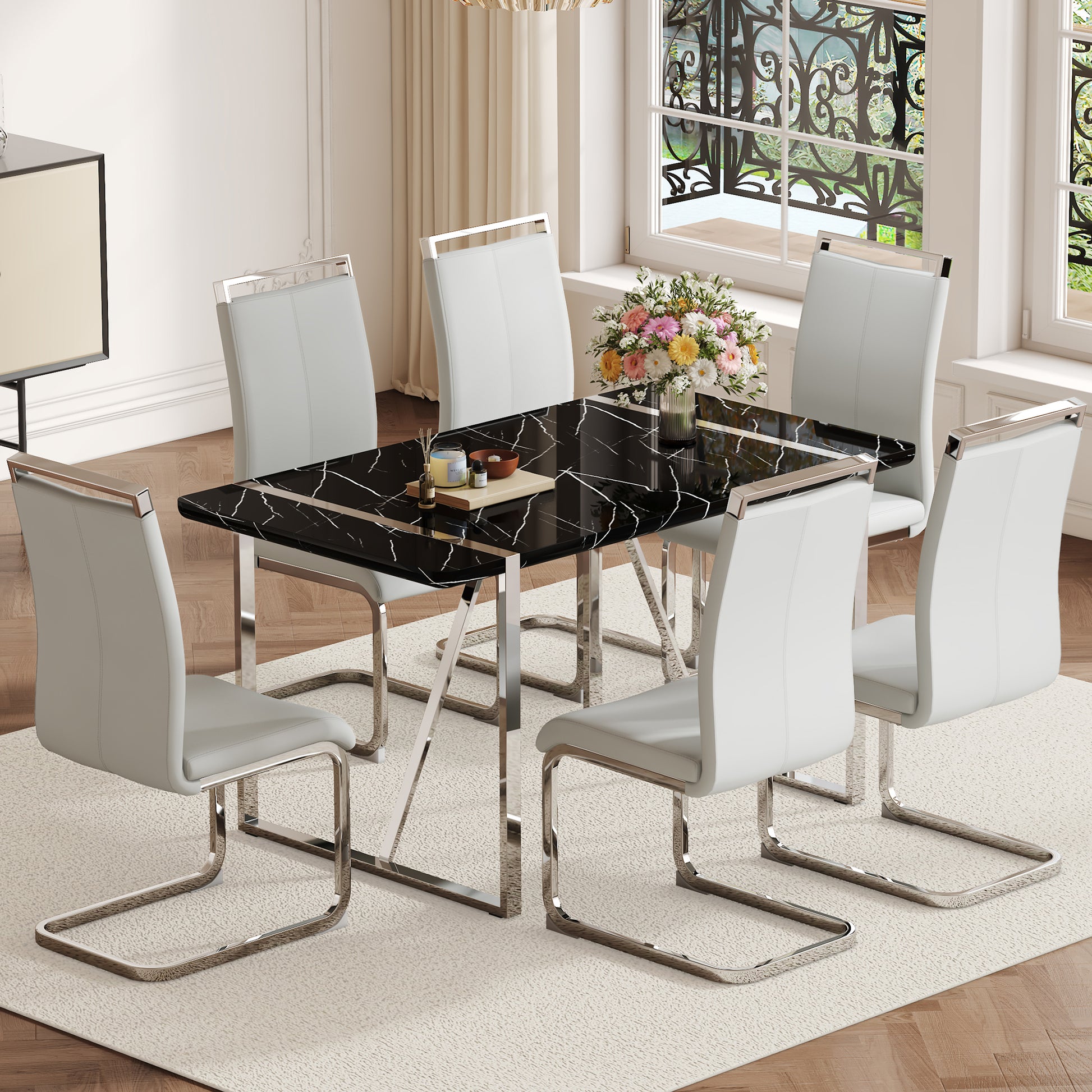 Table And Chair Set.A Rustic Industrial Rectangular Mdf Black Dining Table With Mdf Desktop And Electroplated Silver Metal Legs.Paried With 6 Chairs With Pu Cushion And Metal Legs. Black,Light Gray,Silver Seats 6 Mdf Metal