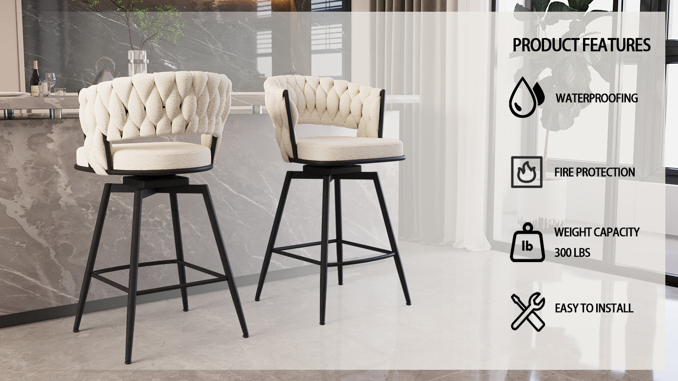 Bar Chair Suede Woven Bar Stool Set Of 4,Black Legs Barstools No Adjustable Kitchen Island Chairs,360 Swivel Bar Stools Upholstered Bar Chair Counter Stool Arm Chairs With Back Footrest, White Metal White Kitchen Dining Chairs Foam Technical Leather
