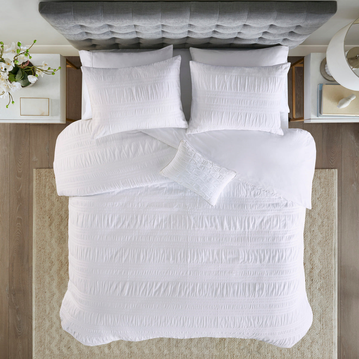 4 Piece Cotton Seersucker Duvet Cover Set Queen White Cotton
