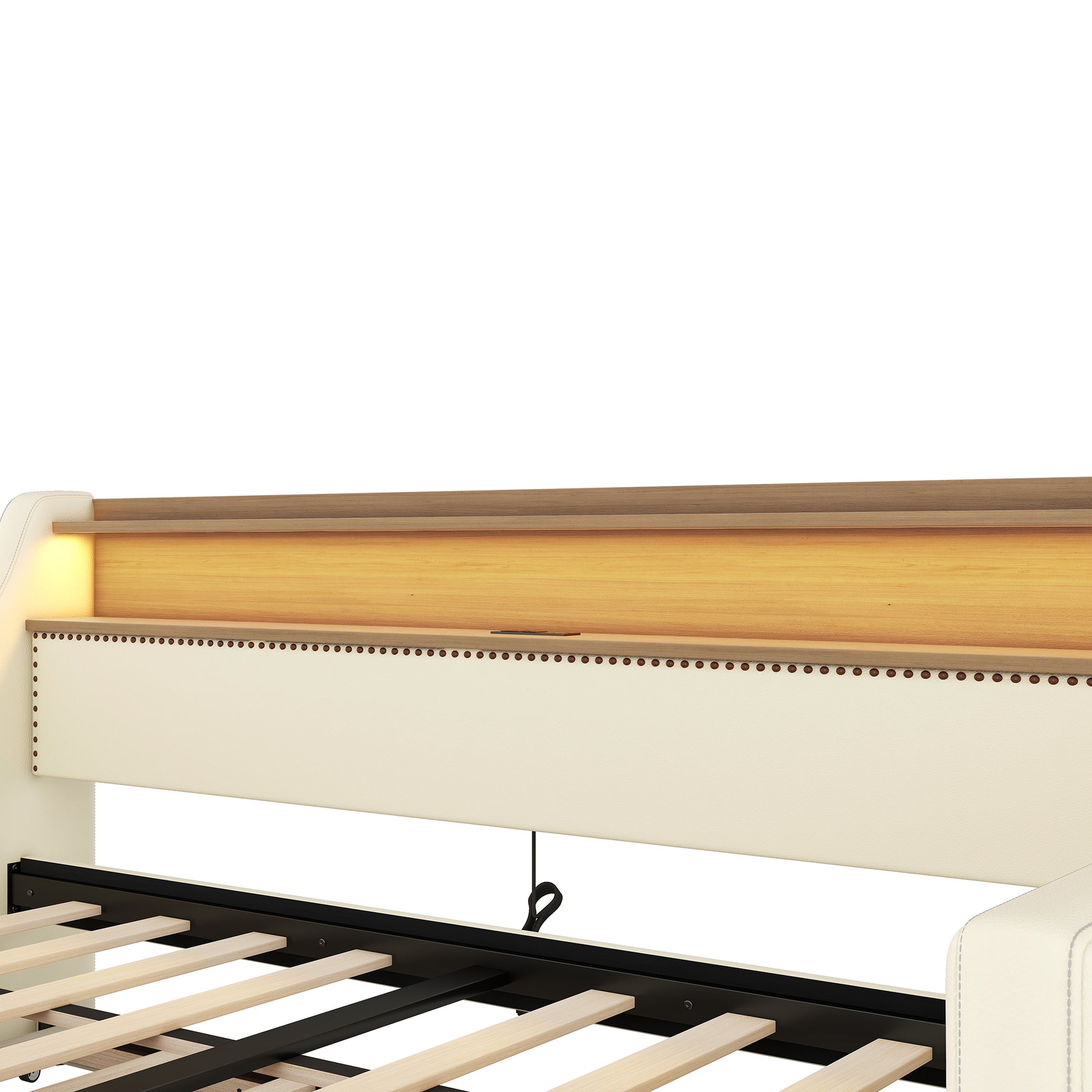 Twin Size Daybed With Trundle, Upholstered Daybed With Charging Station And Led Lights, White Expect Arrive Date:May 20Th. Twin White Pu Leather