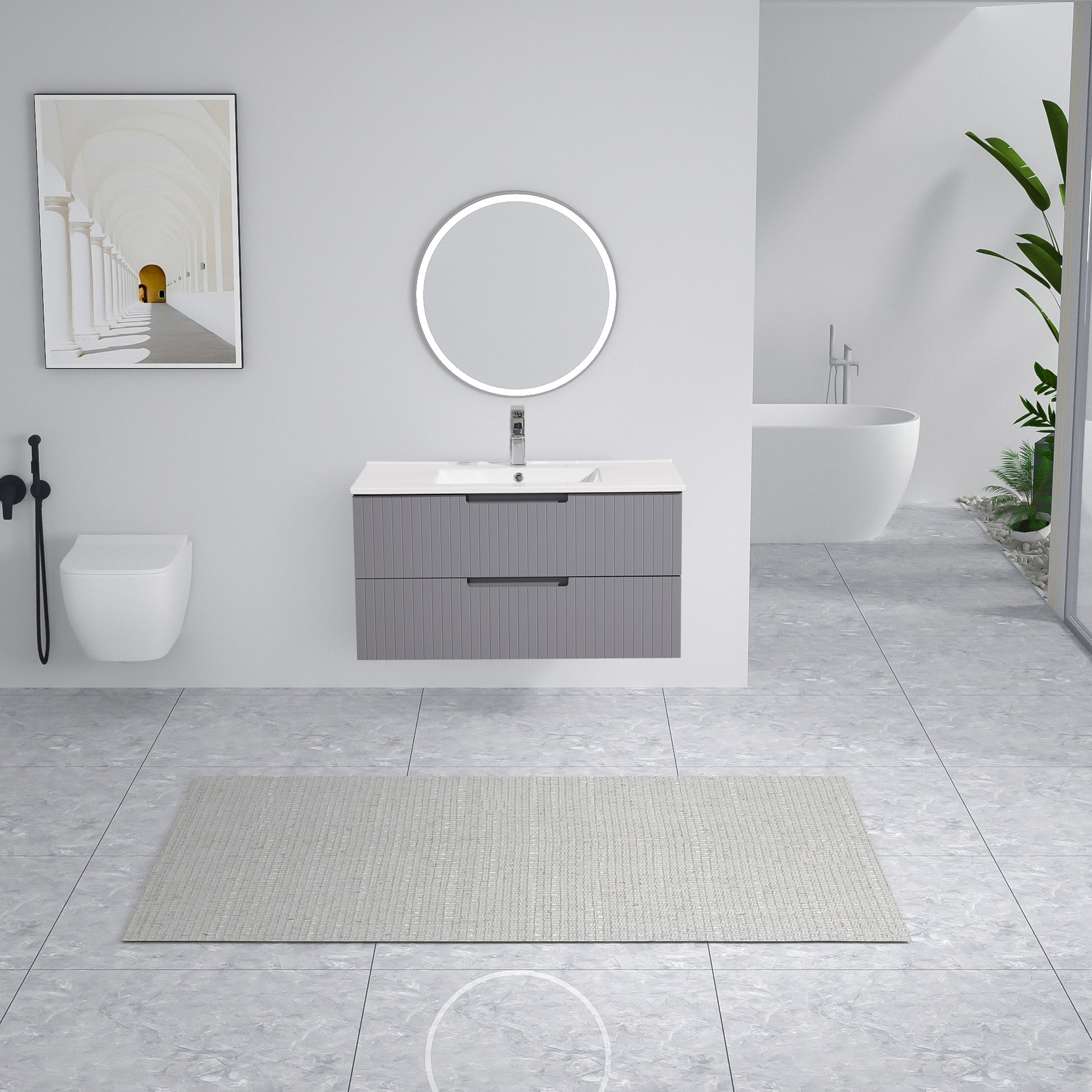 36 Inch Floating Bathroom Vanity With Ceramic Sink Set, Modern Bath Storage Cabinet Vanity With Drawers Wall Mounted Combo For Bathroom, Gray Grey Mdf