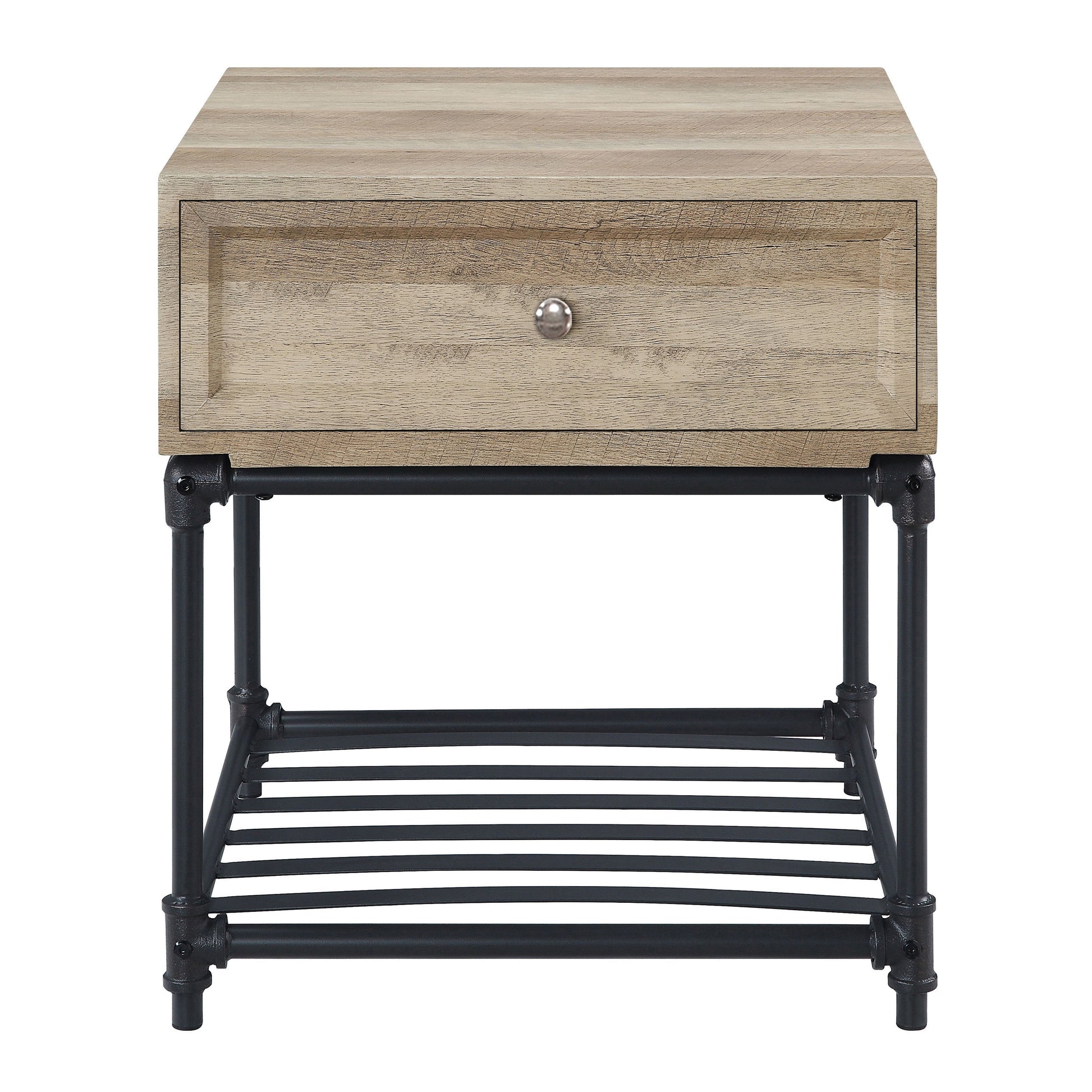 Oak And Sandy Black End Table With Slatted Lower Shelf Oak Primary Living Space Industrial Drawers Rectangular Wood Metal