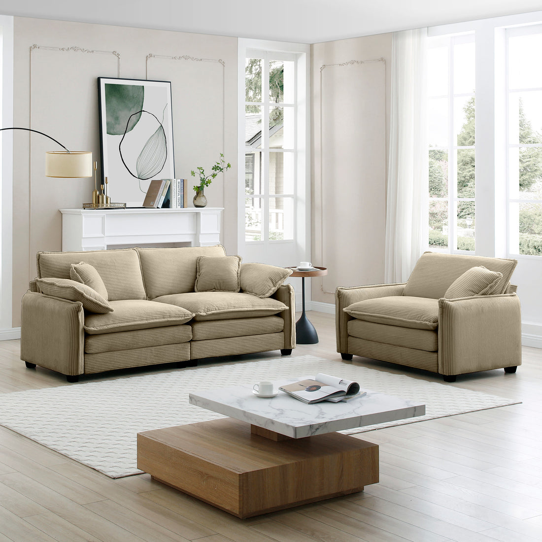 Modern Living Room Sofa Two Pieces Set, Suitable For Living Room And Small Apartment2 Pieces Sofa Set Consists Of A Single Seat Sofa And A 2 Seater Sofas,Tan Corduroy Tan Corduroy 3 Seat