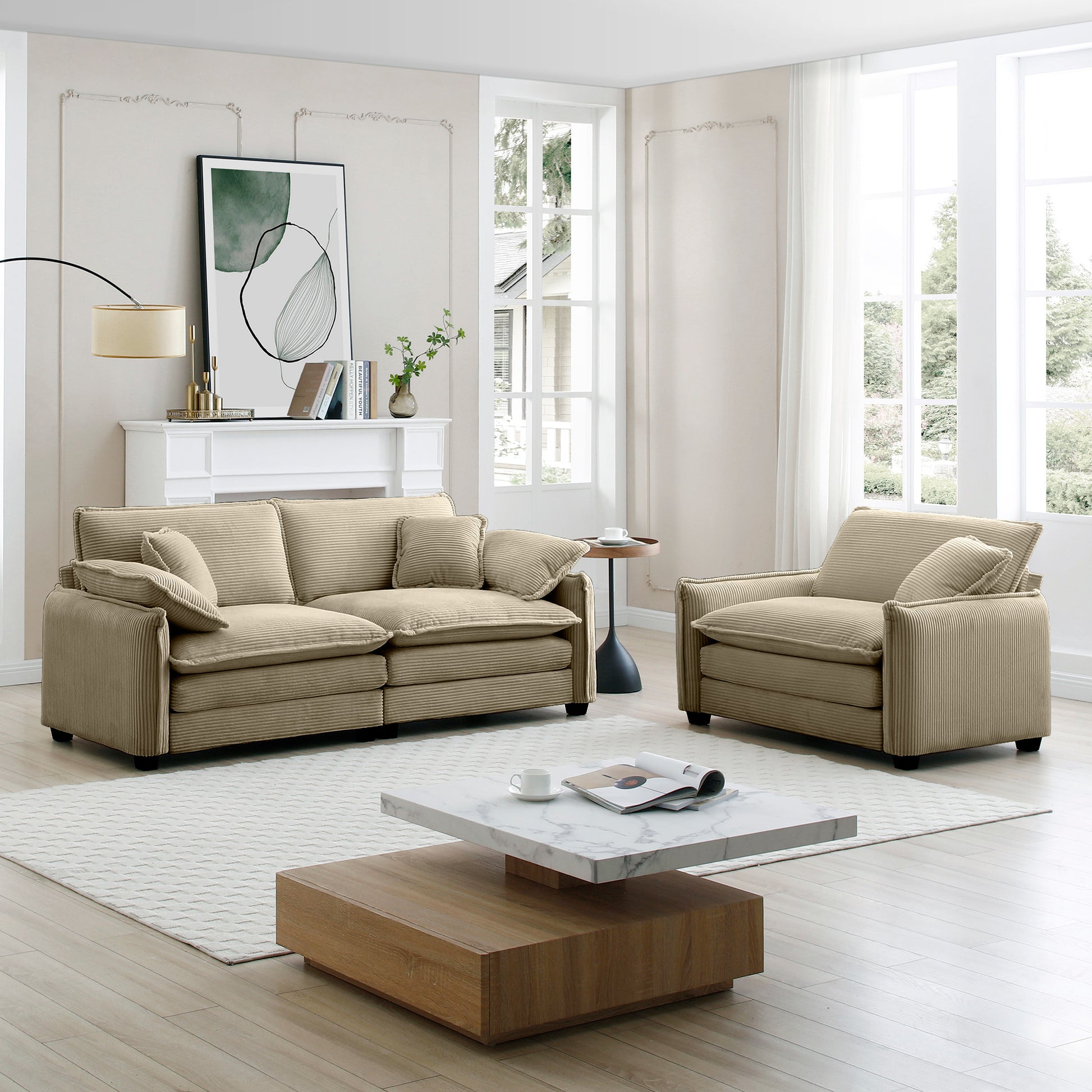 Modern Living Room Sofa Two Pieces Set, Suitable For Living Room And Small Apartment2 Pieces Sofa Set Consists Of A Single Seat Sofa And A 2 Seater Sofas,Tan Corduroy Tan Corduroy 3 Seat