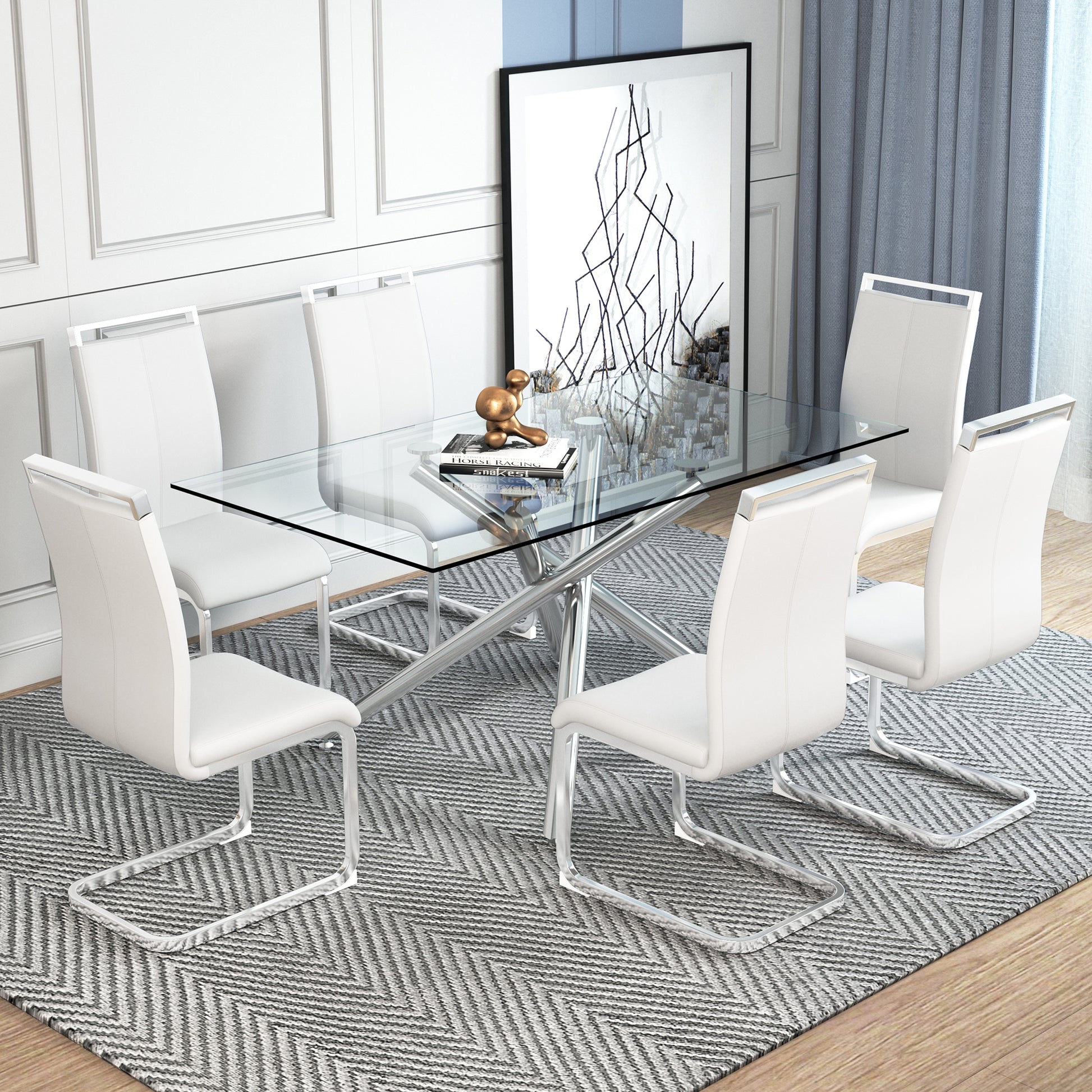 Large Modern Minimalist Rectangular Glass Dining Table For 6 8 With 0.39" Tempered Glass Tabletop And Silver Chrome Metal Legs, For Kitchen Dining Living Meeting Room Banquet Hall, 71''X39''X29''1537 Silver Glass