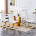 Table And Chair Set, Modern Minimalism And Luxurious White Rectangular Pattern Dining Table. Soft And Comfortable Dining Chairs For Dining Rooms, Living Rooms, Terraces And Kitchens. White Seats 6 Mdf Glass