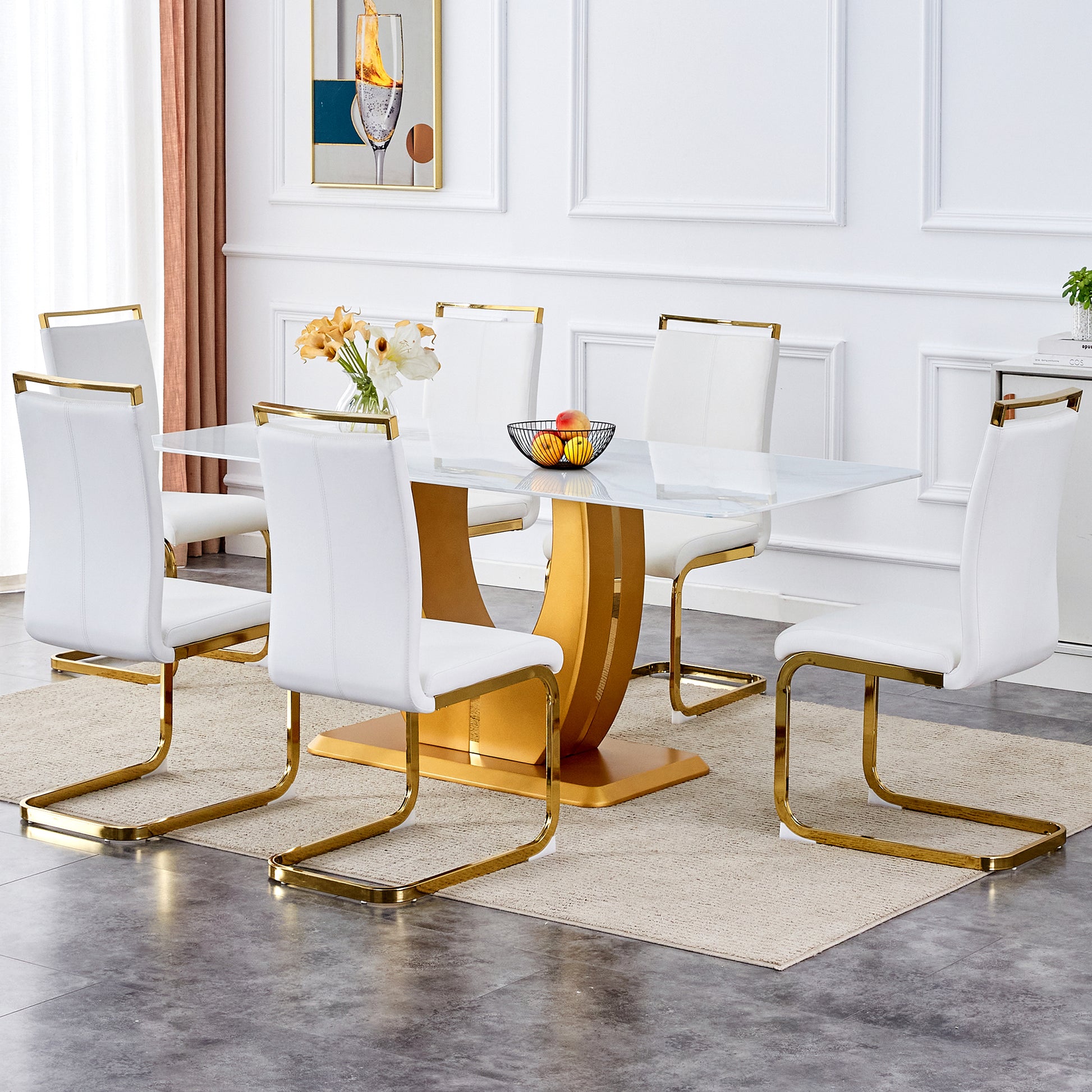 Table And Chair Set, Modern Minimalism And Luxurious White Rectangular Pattern Dining Table. Soft And Comfortable Dining Chairs For Dining Rooms, Living Rooms, Terraces And Kitchens. White Seats 6 Mdf Glass