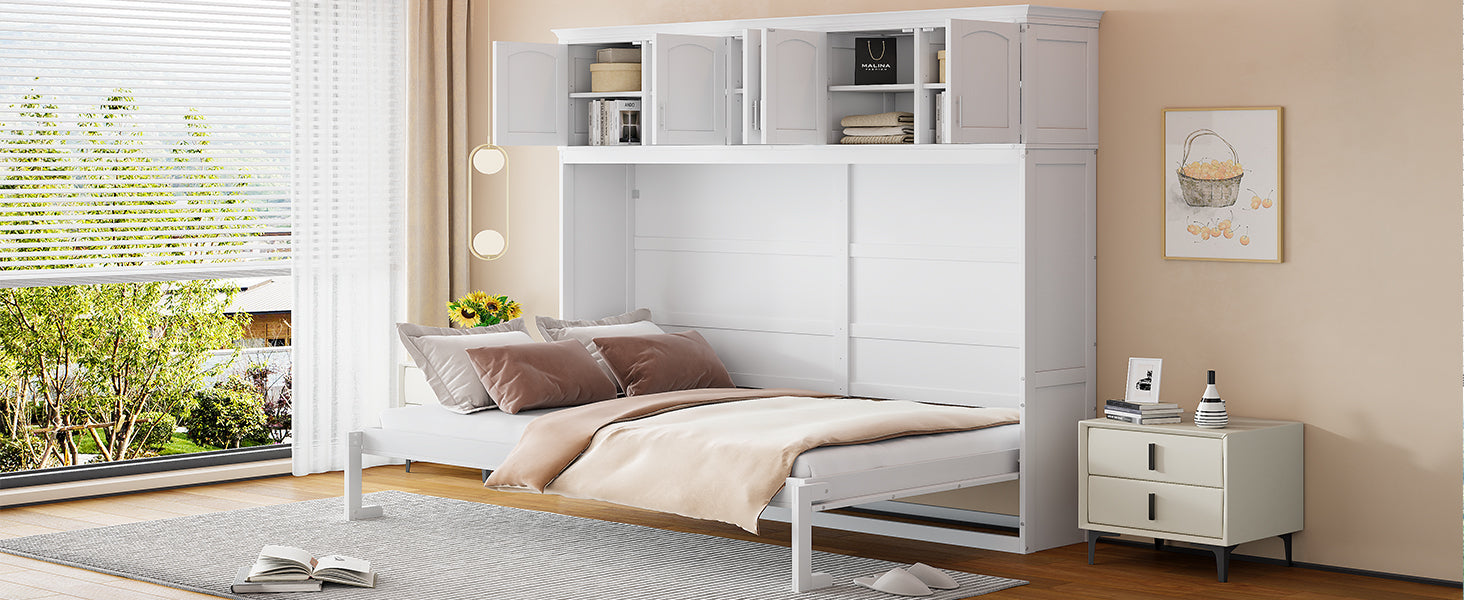 Queen Size Murphy Bed Wall Bed With Top Cabinets,White Queen White Plywood