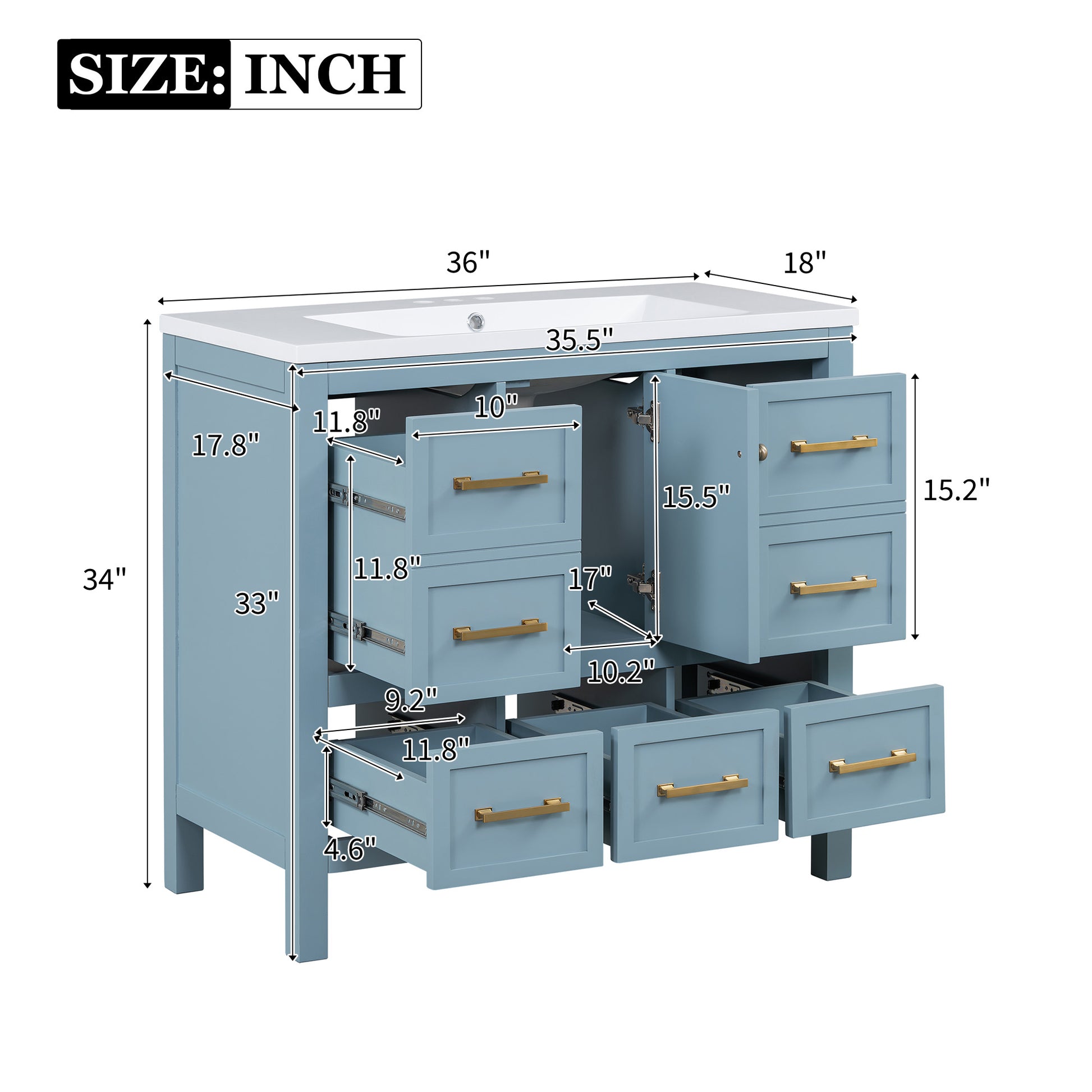 36'' Bathroom Vanity With Resin Sink Combo, Solid Wood Frame Bathroom Storage Cabinet, Freestanding Vanity Set With 5 Drawers& Soft Closing Doors Same As Sw000142Aam Blue Bathroom Solid Wood Mdf Resin