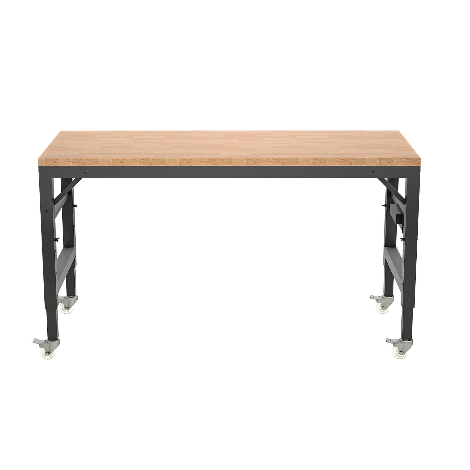 60" Adjustable Workbench For Garage, Rubber Wood Heavy Duty Workstation With Power Outlets & Wheels, 2000 Lbs Load Capacity Hardwood Worktable For Workshop, Garage, Office, Home, Commercial Black Metal & Wood