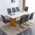 Table And Chair Set.Large Modern Rectangular Table With 0.4 Inch Patterned Glass Tabletop And Large Mdf Table Legs.Comes With 8 Chairs With Faux Leather Cushioned Seats And Golden Metal Legs. Gold White Seats 8 Mdf Glass