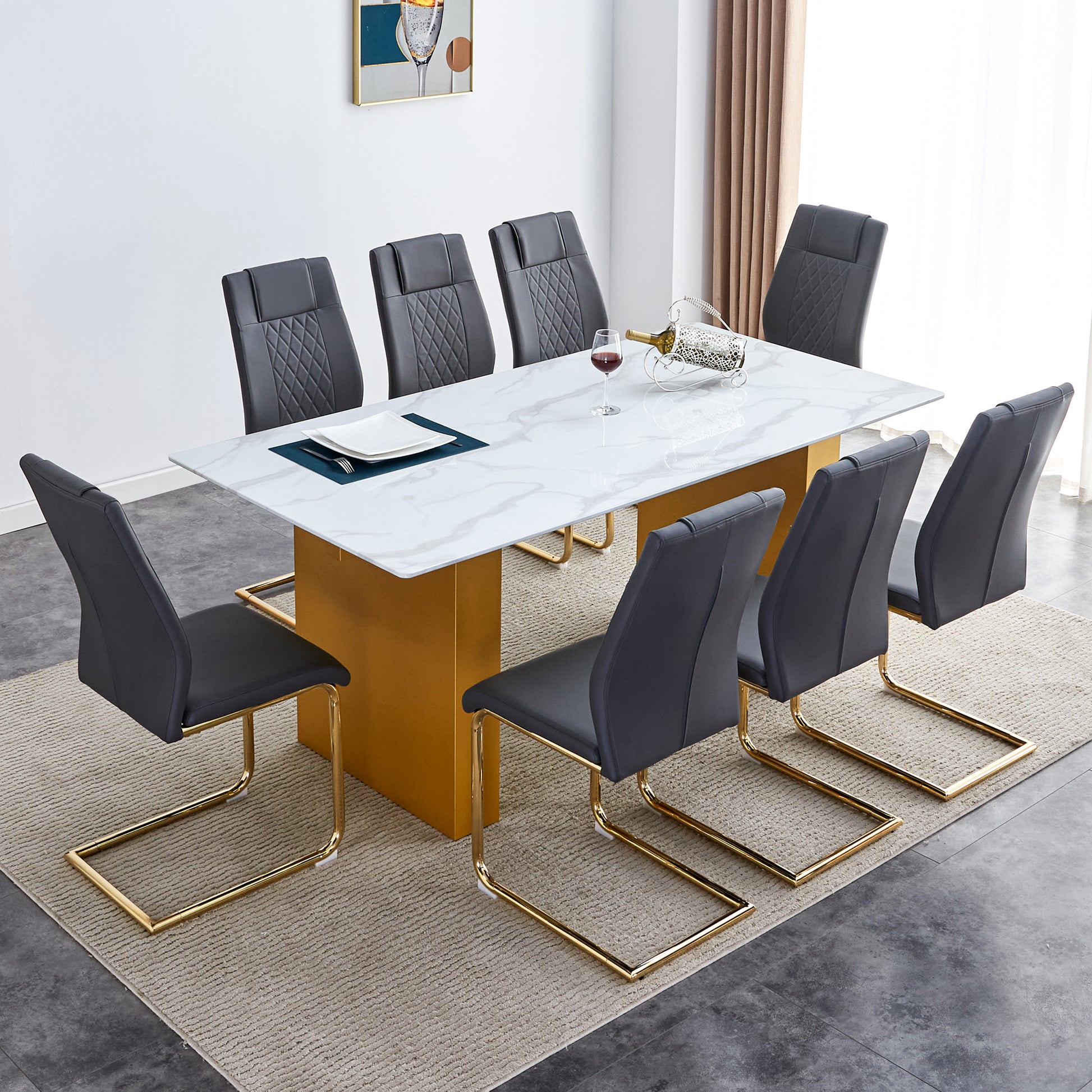 Table And Chair Set.Large Modern Rectangular Table With 0.4 Inch Patterned Glass Tabletop And Large Mdf Table Legs.Comes With 8 Chairs With Faux Leather Cushioned Seats And Golden Metal Legs. Gold White Seats 8 Mdf Glass