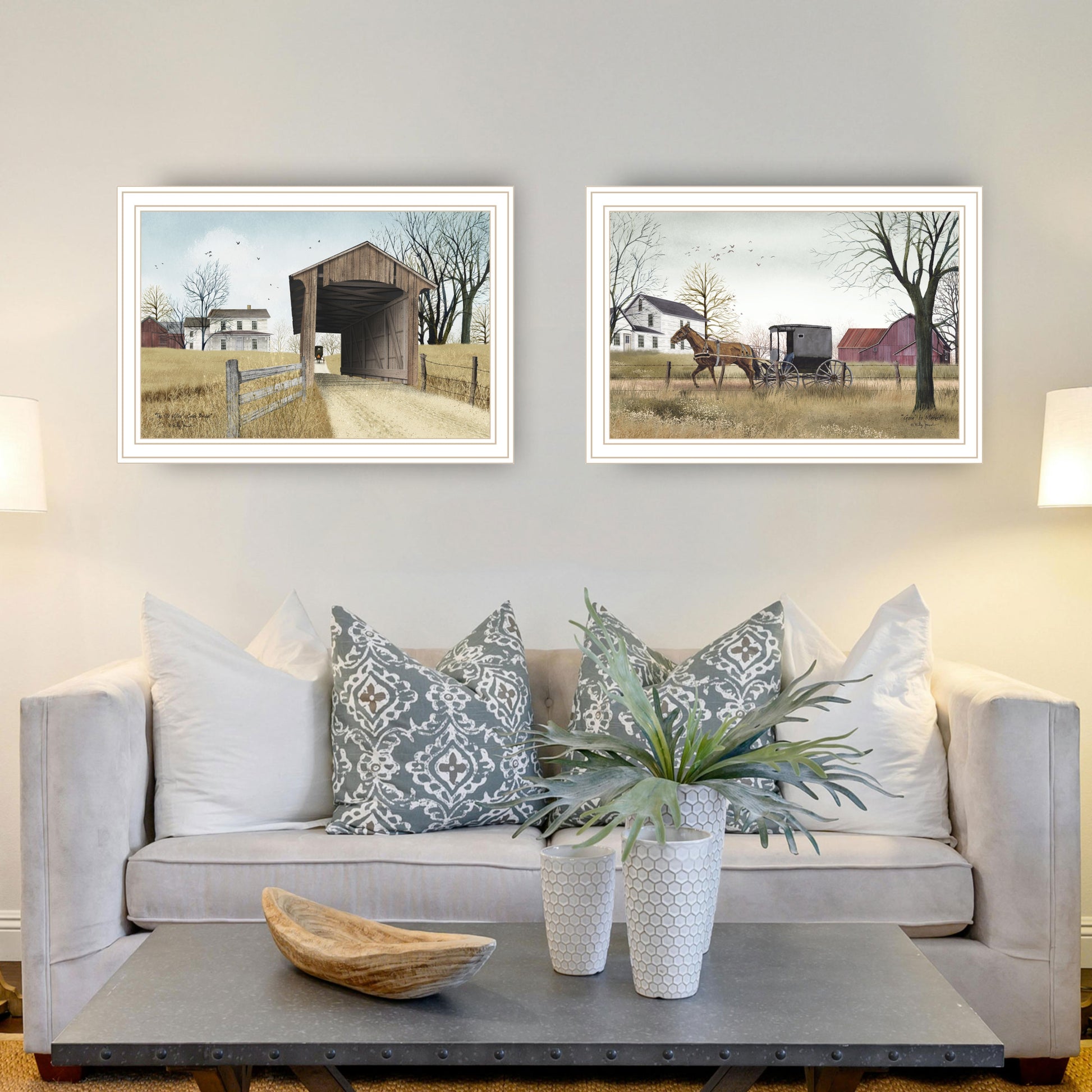 2 Piece Vignette Miller'S Creek Bridge, Going To Market White Framed Wall Art For Living Room, Bedroom Wall Art Print For Home Decor By Billy Jacobs Multicolor Wood Paper